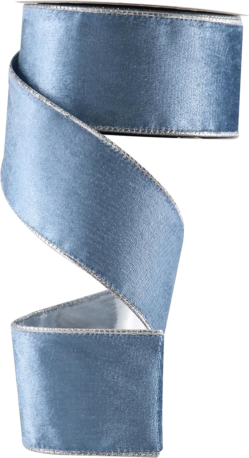 Cinta de terciopelo azul polvoriento con alambre de 2.5 pulgadas x 10 yardas, cinta azul de Navidad con alambre con parte trasera metálica plateada
