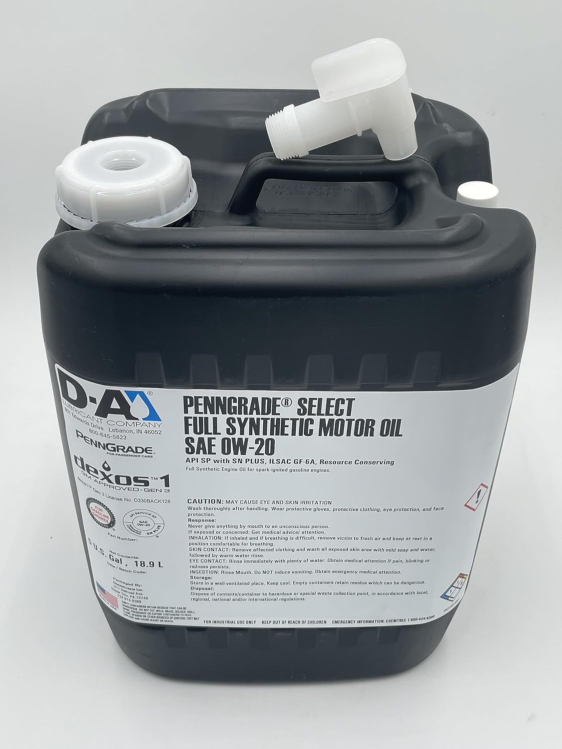 Aceite de motor PennGrade  Lubricantes D-A  Aceite de motor sintético completo seleccionado  SAE 0W20  5 galones con grifo dispensador  Caja de
