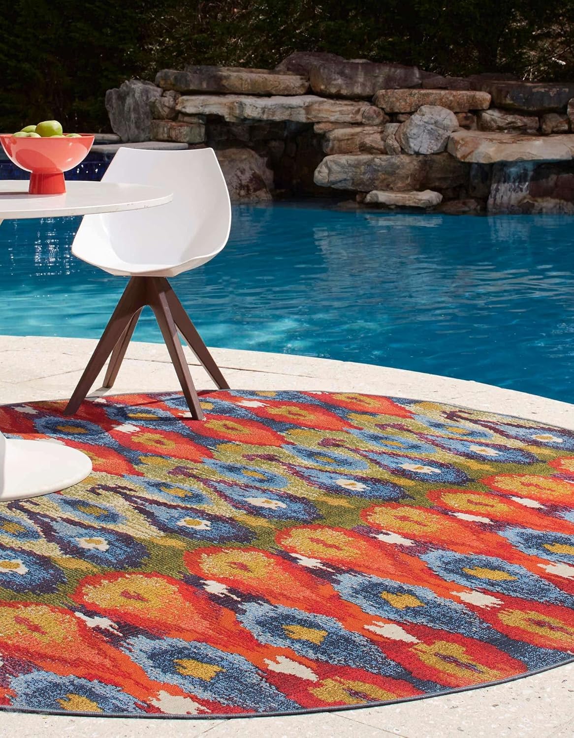 Unique Loom Outdoor Modern Collection – Alfombra Ikat (4 pies 1 pulgada, redonda, multicolor y borgoña)