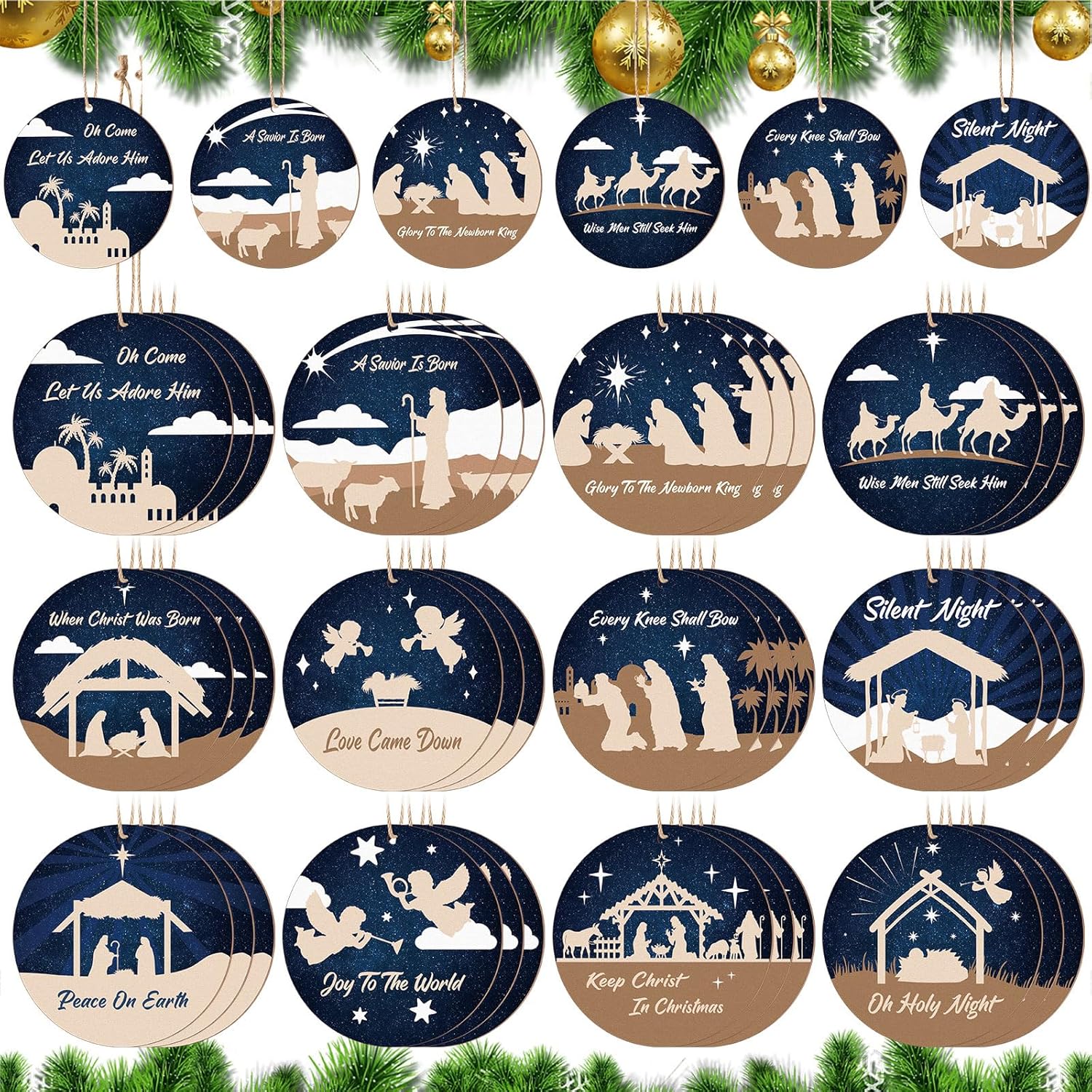 Soaoo 36 adornos de pesebre a granel para árbol de Navidad, adornos de madera para belén, adornos redondos a granel, decoraciones colgantes para