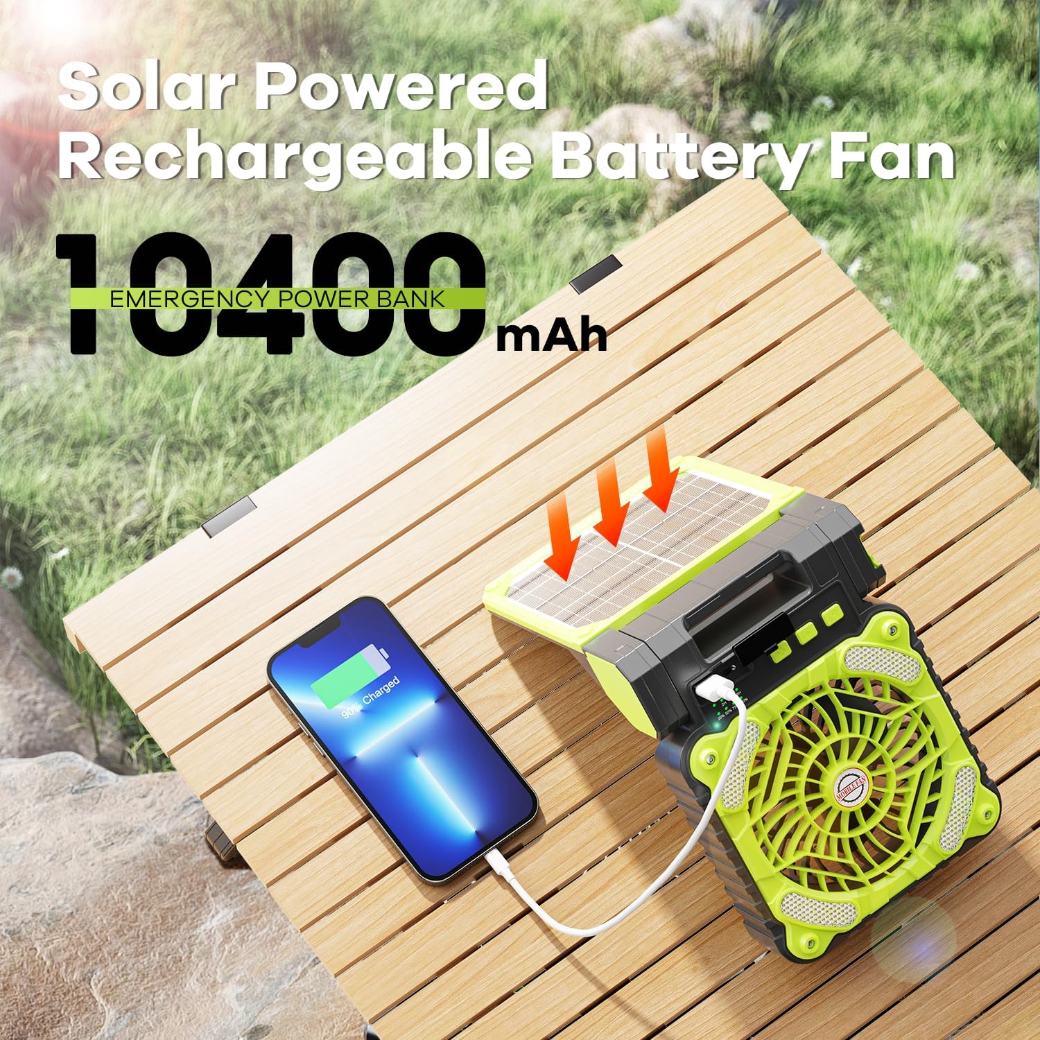 Ventilador solar portátil, ventilador de campamento recargable de 10400 mAh, 4 velocidades, 3 temporizadores y silencioso, ventilador a batería con