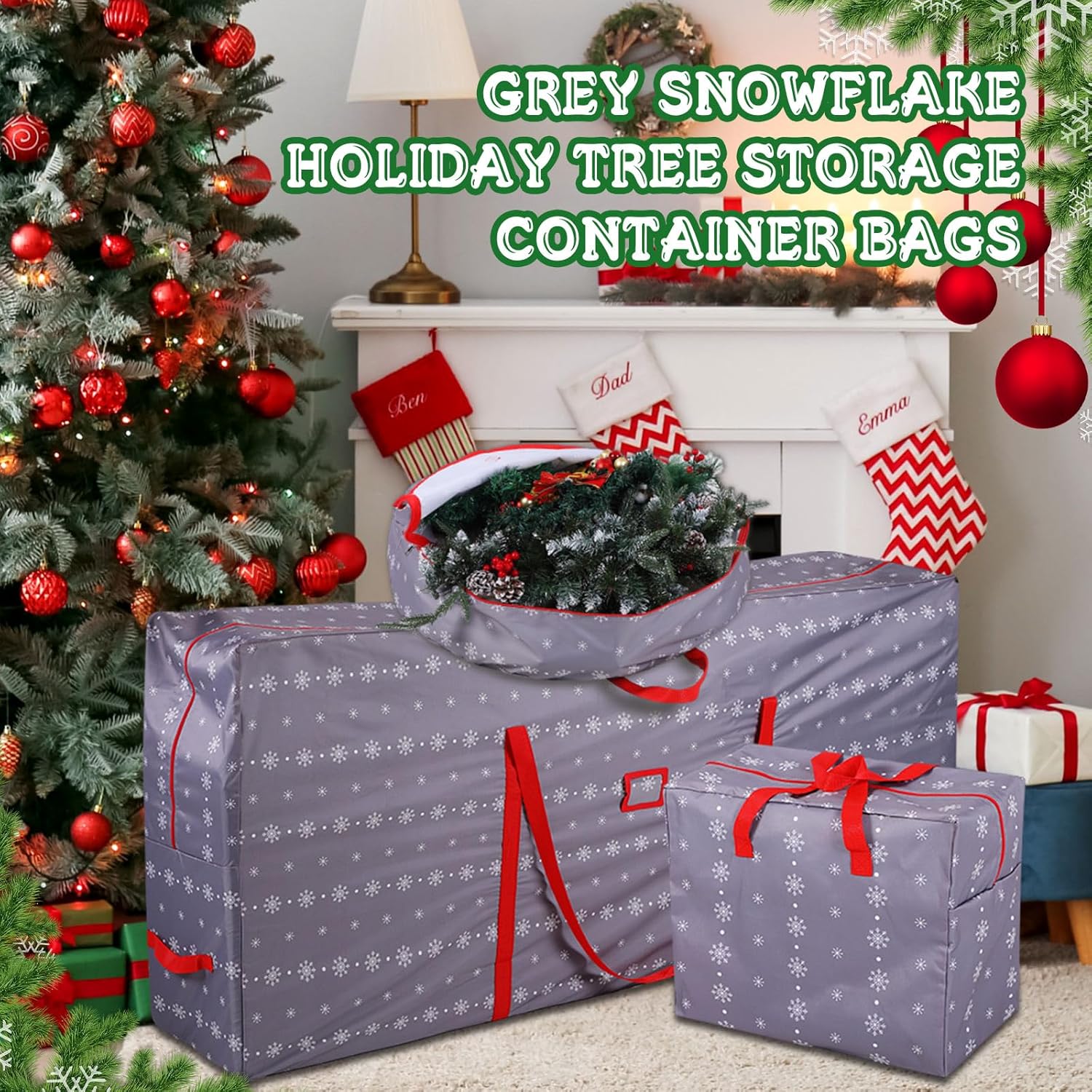 Juego de 3 bolsas de almacenamiento para árbol de Navidad de 65 x 30 x 15 pulgadas, bolsa de almacenamiento de corona de Navidad de 30 pulgadas,