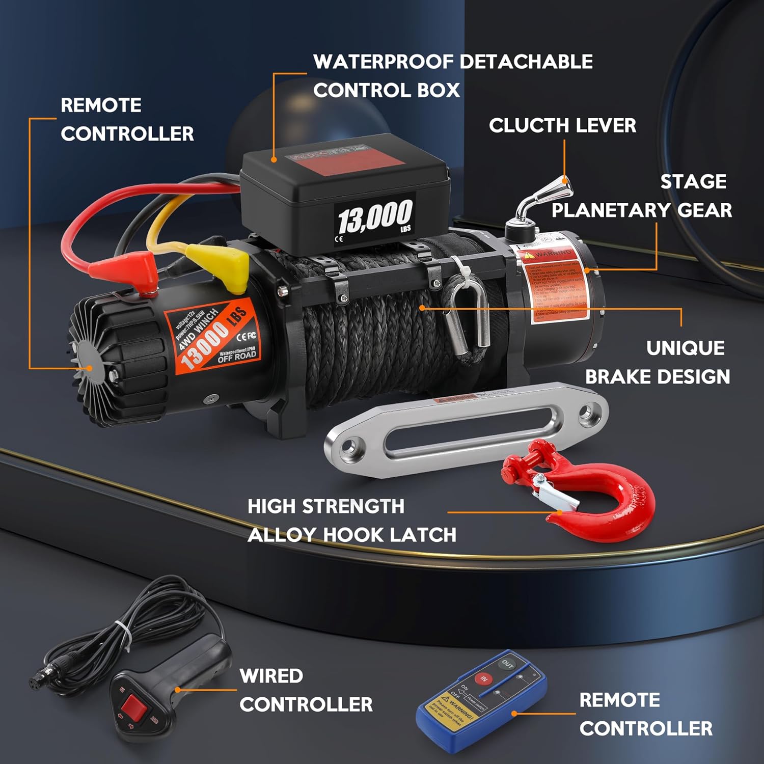 Rengue Cabrestante eléctrico, 13000 libras con cuerda sintética de 65 pies, cabrestante de potencia de 12 V con control remoto inalámbrico IP67 ATV
