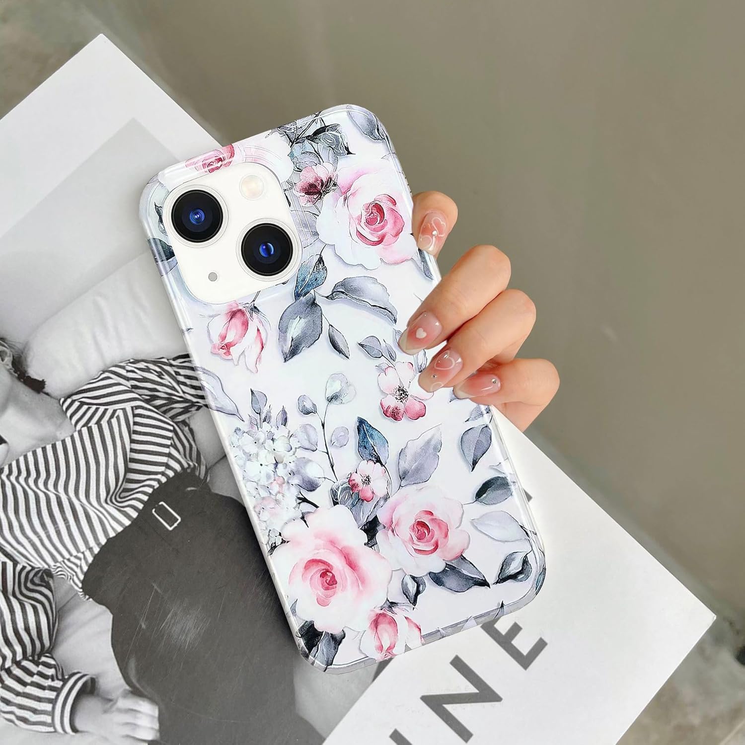 J.west Funda para iPhone 13 de 6.1 pulgadas, suave, transparente, retro, rosa, floral, flexible, TPU, a prueba de golpes, transparente, elegante,