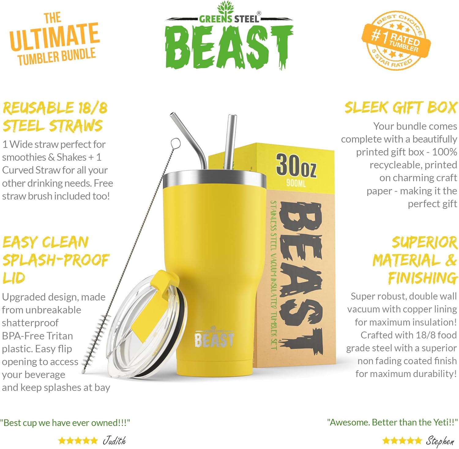 BEAST – Juego de vaso de limón de 30 onzas con asa, taza de café de acero inoxidable + 2 cepillos para pajillas, caja de regalo y mango negro
