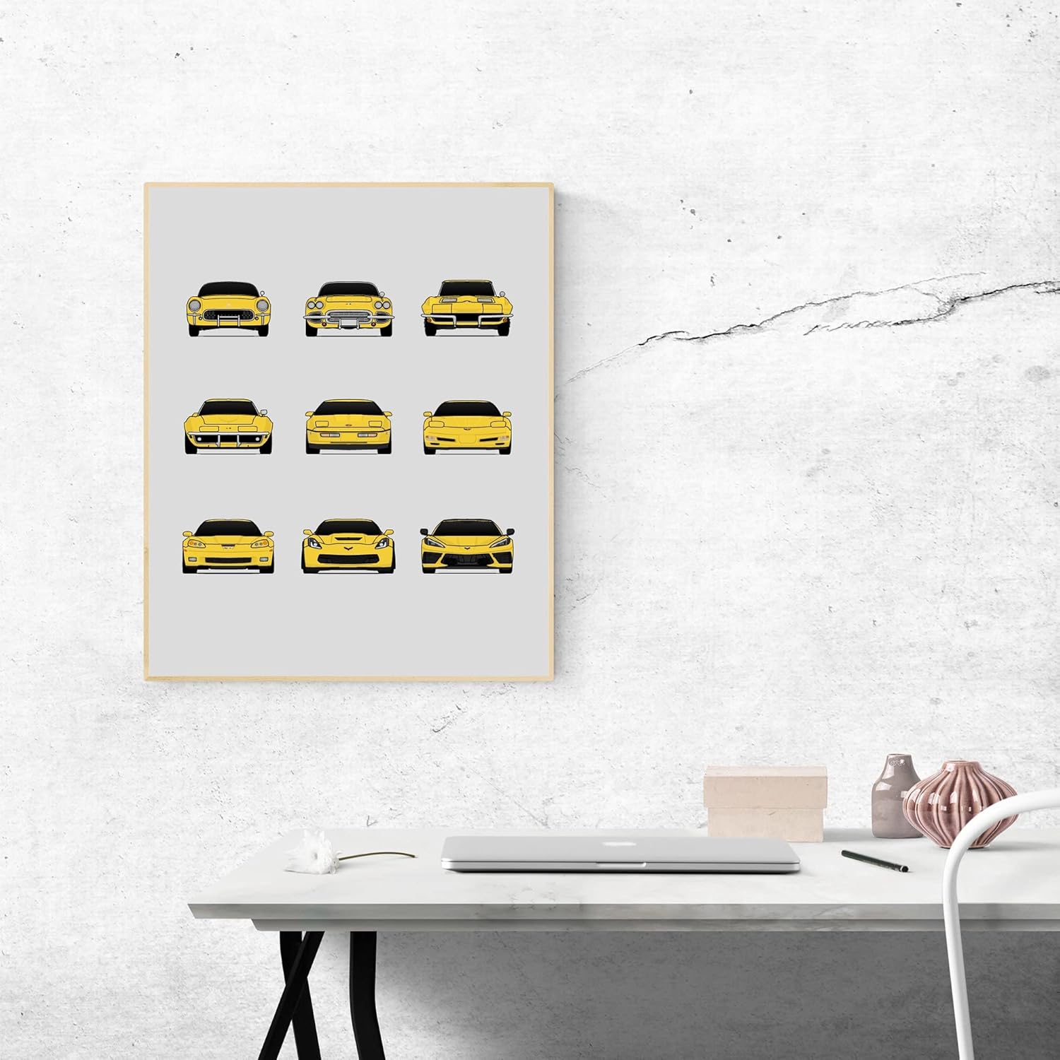 Chevy Corvette Generations Inspired Car Poster – Handmade Print of C1 C2 C3 C4 C5 C6 C7 C8 – Yellow, 11×14″ Satin Print (Unframed) – Perfect Gift