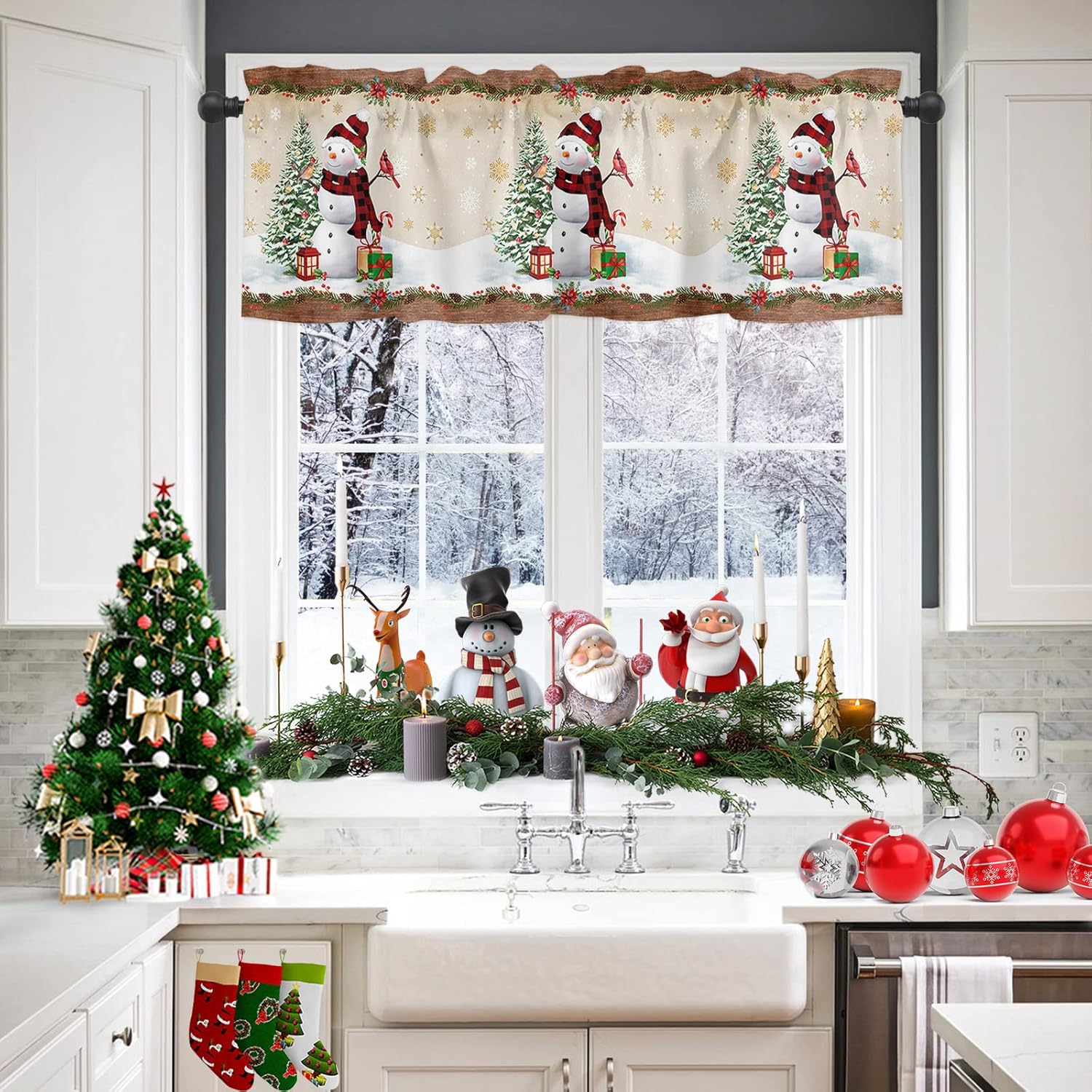 Cenefa de cortina de Navidad de 54 x 18 pulgadas, cenefas de muñeco de nieve para ventana, cortinas con bolsillo para barra, cortina corta de encaje