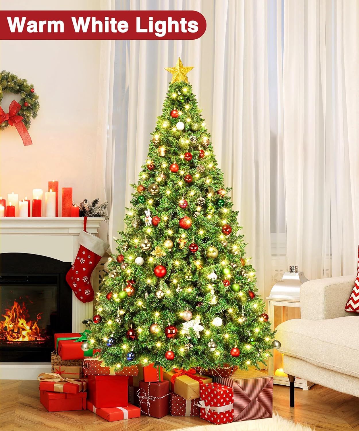 BROVIEW Árbol de Navidad artificial preiluminado de 6.5 pies, pinos de Navidad con bisagras de alta calidad con 400 luces blancas cálidas, 1100