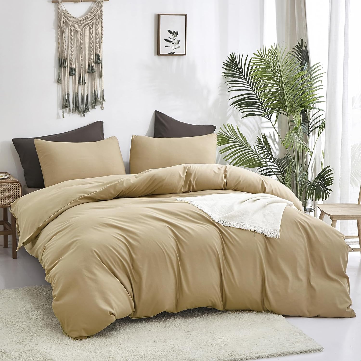 Luxlovery Juego de edredón beige champán, tamaño California King, color beige oscuro, tamaño California King, color gris topo, suave, transpirable,