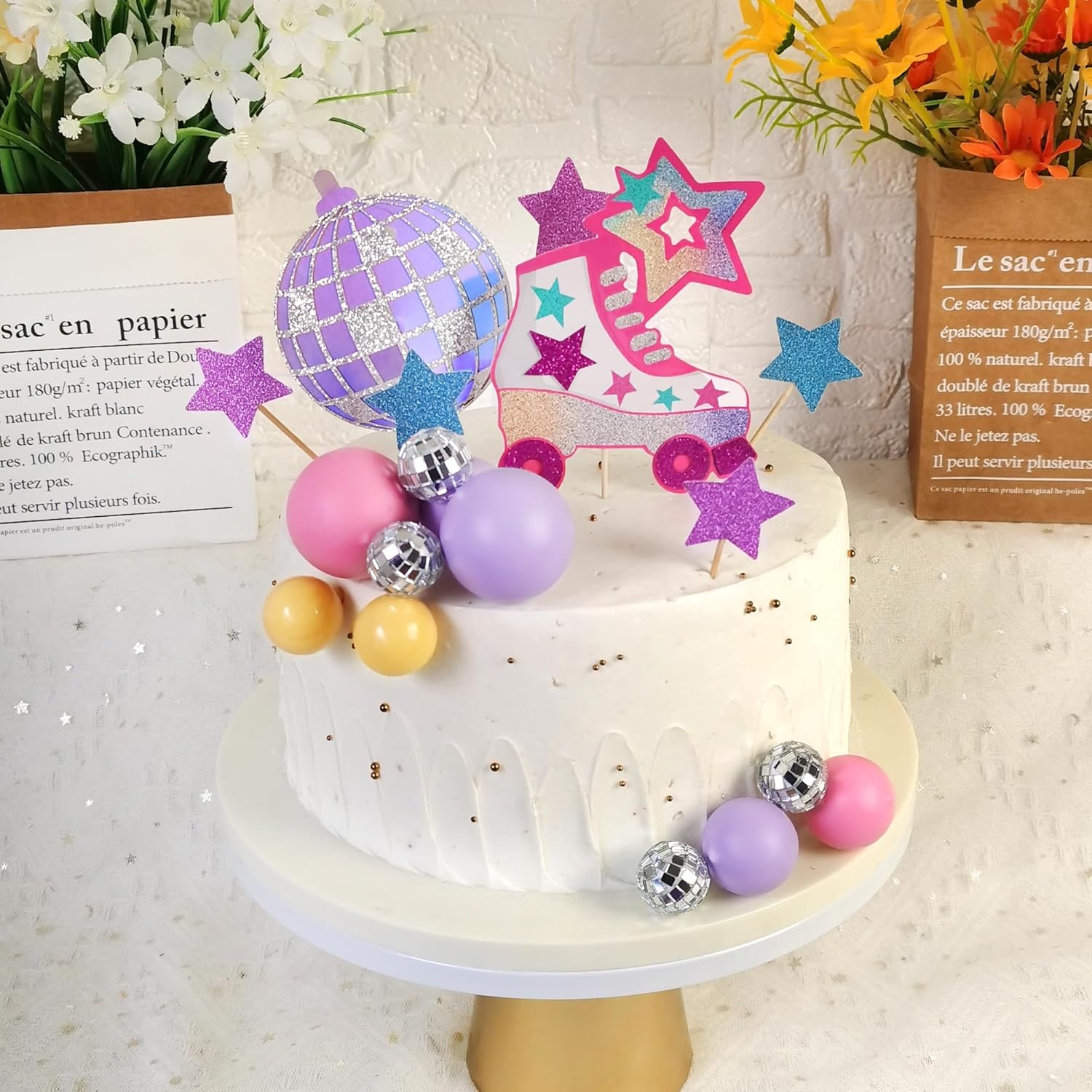 Decoración para tartas de patinaje sobre ruedas, bola de disco, decoración de pasteles de bolas pastel para niñas de los años 80 y 90, patinaje, hip