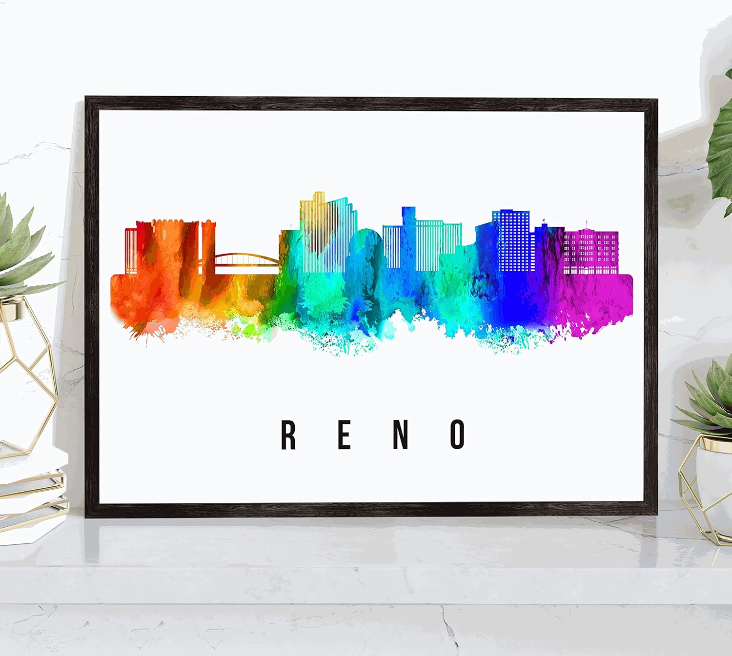 Póster de Reno Skyline Nevada, pintura de paisaje urbano de Reno, póster de Reno Nevada, impresión de paisaje urbano de Nevada y monumentos, arte de