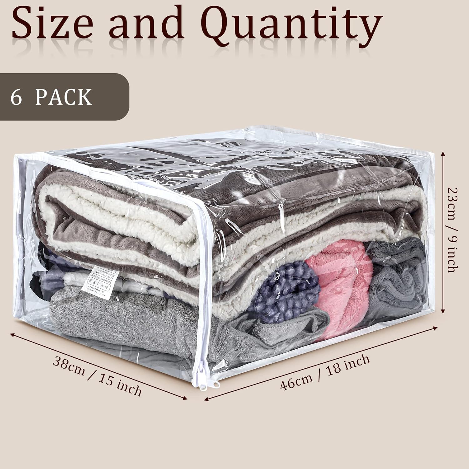 Paquete de 6 bolsas de almacenamiento transparentes con cremallera, bolsas de almacenamiento de plástico para mantas, ropa de cama, organizador de