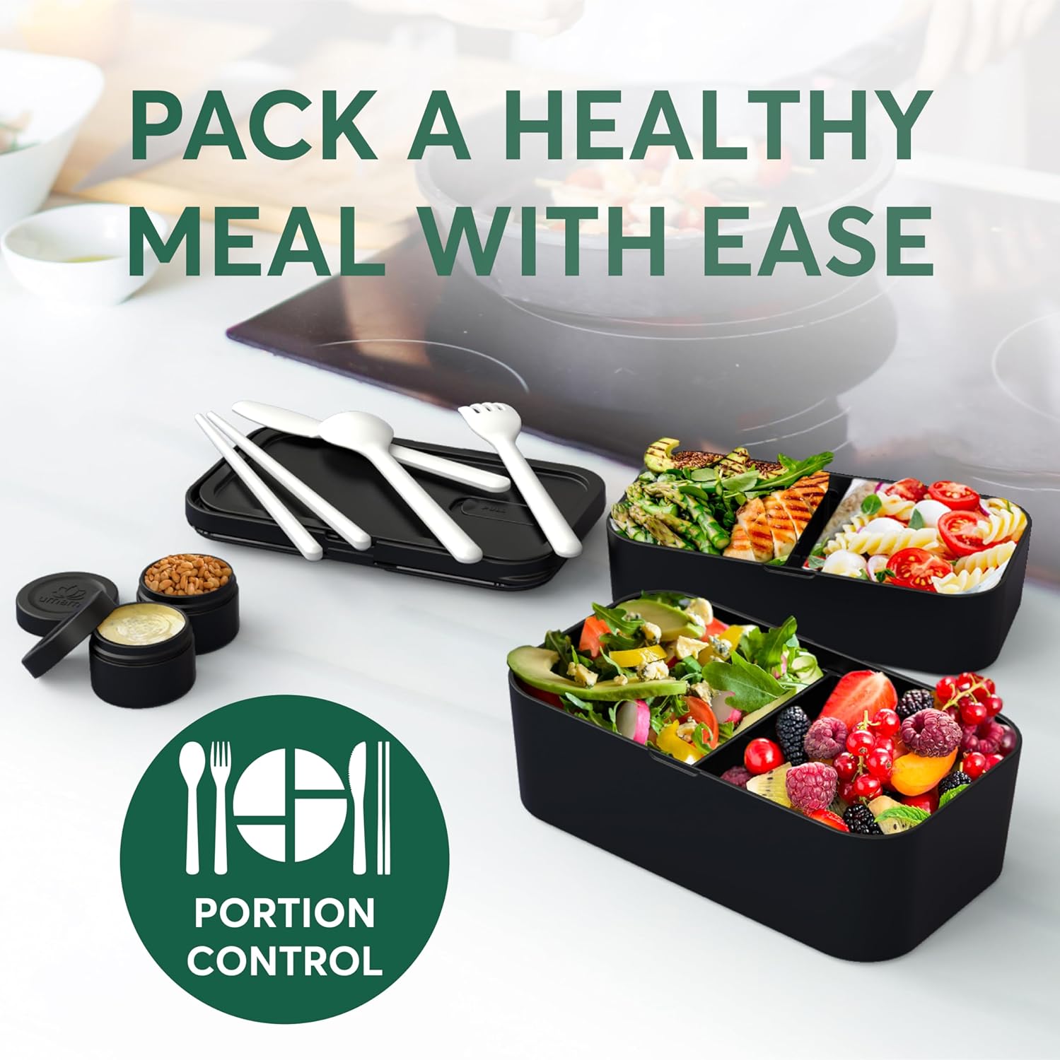 Umami Caja Bento para adultos con 4 utensilios, 2 divisores y 2 tarros de salsa, fácil de limpiar y 100% a prueba de fugas, apta para microondas y