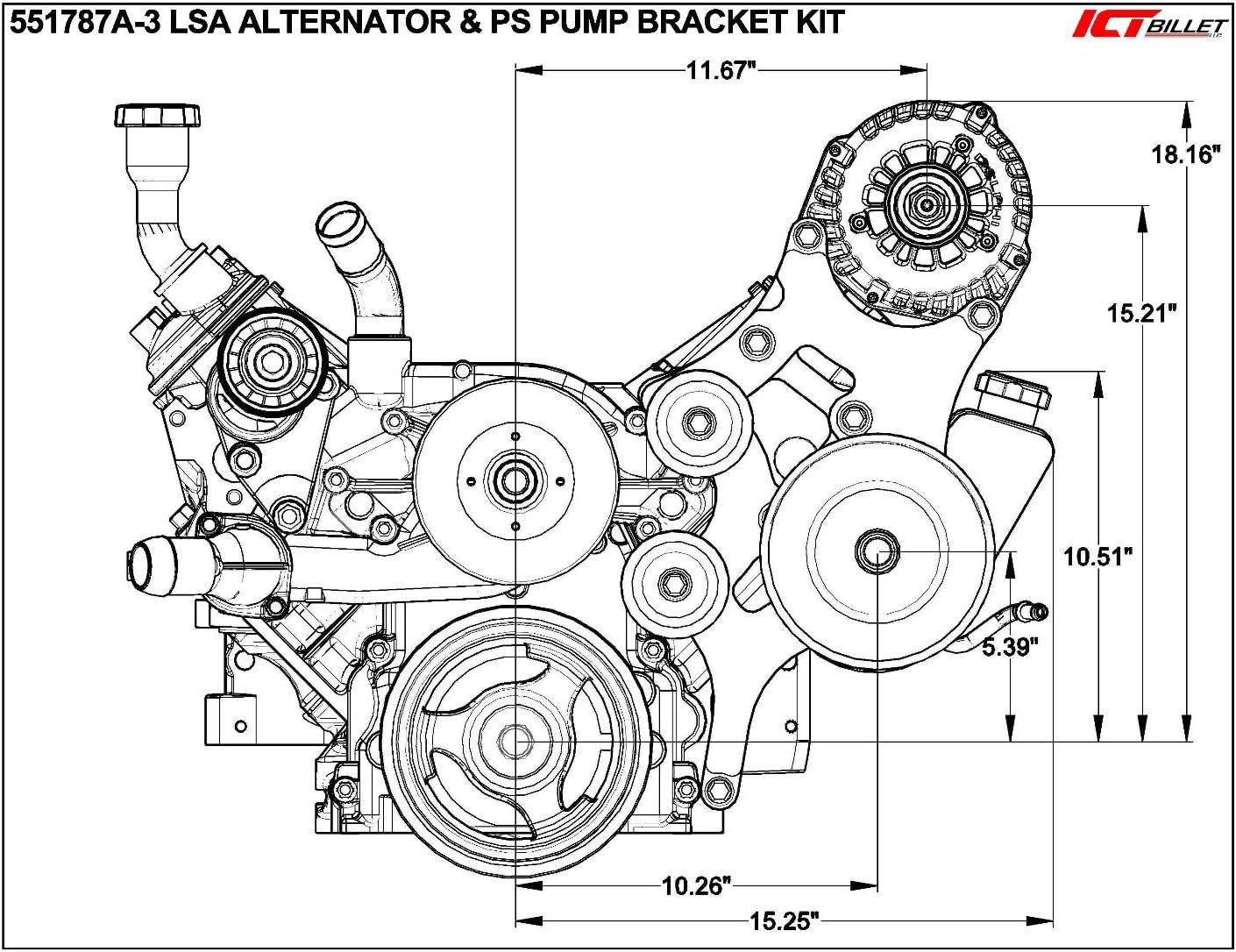 ICT Billet LS Truck LSA Supercharger Swap 6 Rib Alternador y Kit de soporte de dirección asistida 551787A-3