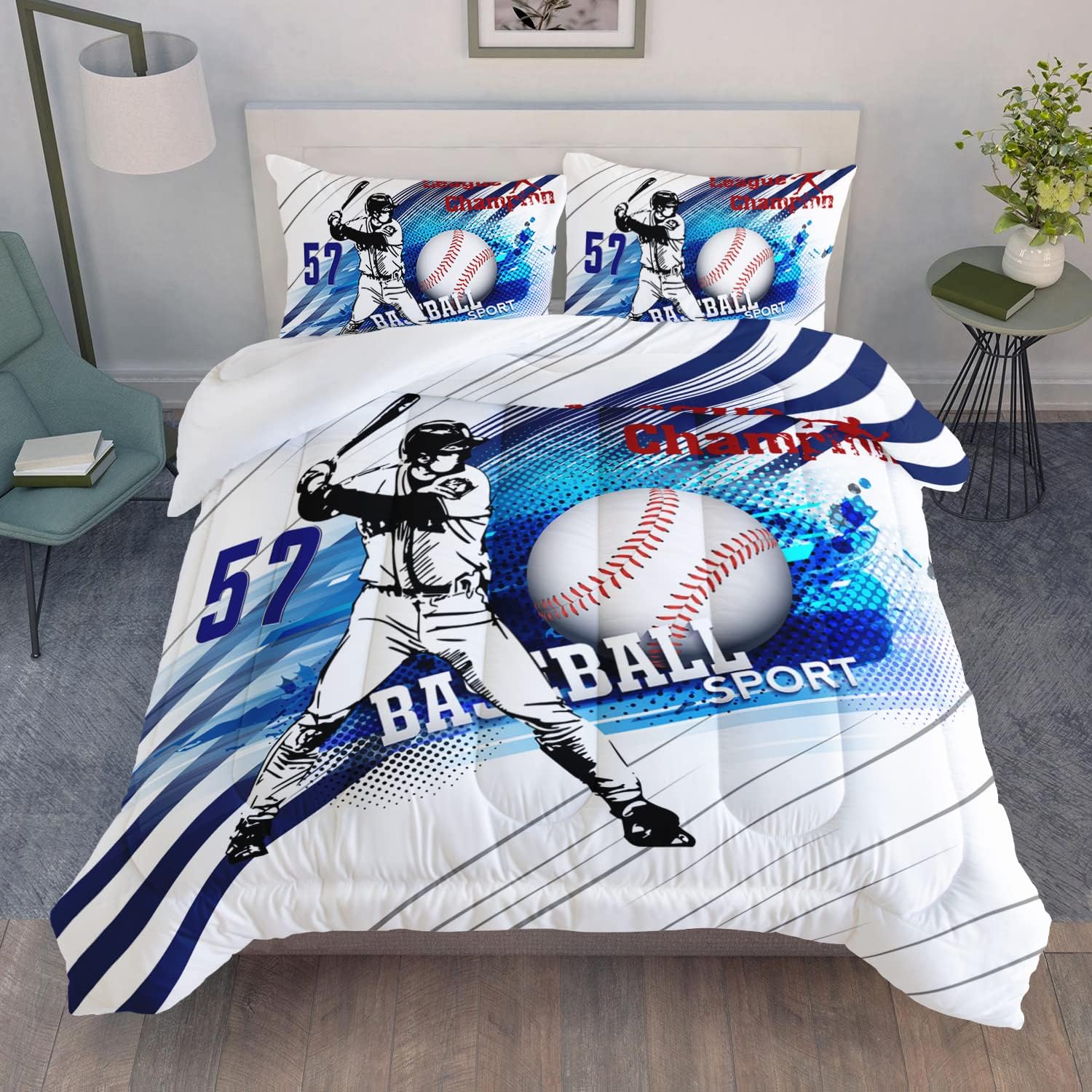 AILONEN Juego de edredón de béisbol tamaño individual, juego de ropa de cama de campeón de la liga de atletas de béisbol, juego de edredón de estilo