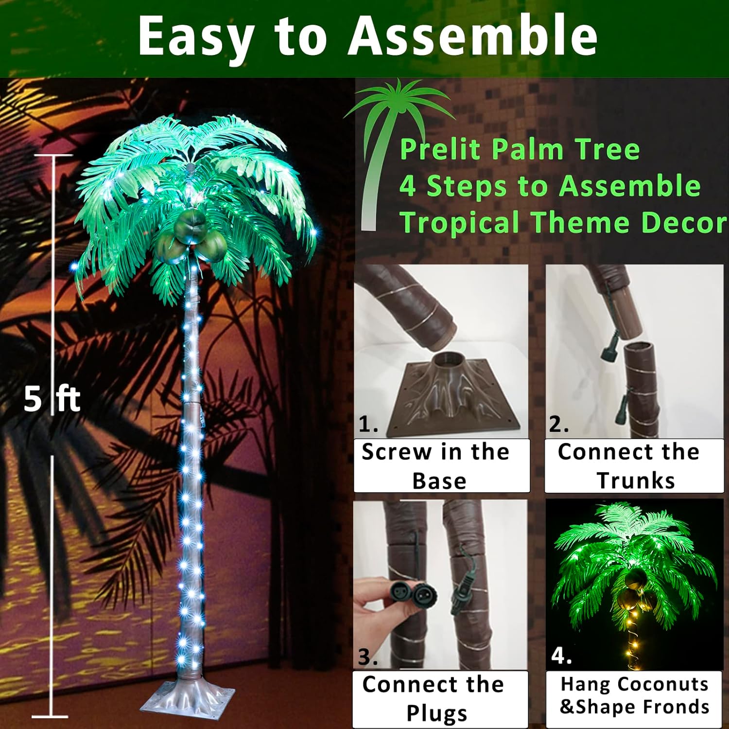 Palmera con luz LED para exteriores, árbol de Navidad que cambia de color, luces de palmera artificial con control remoto, árbol de coco tropical de
