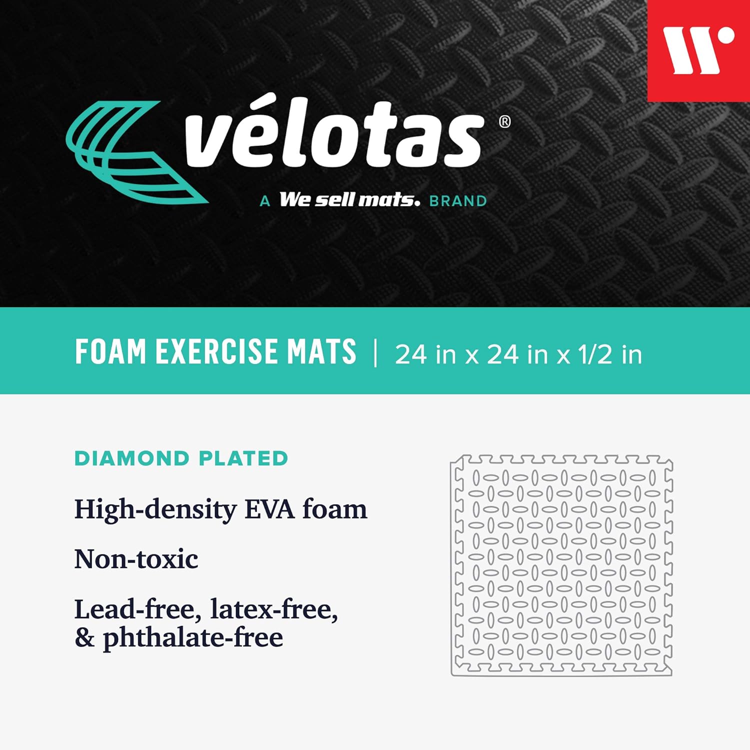 Velotas 12 Inch Interlocking EVA Foam Personal Fitness Mat, Diamond Plate Exercise Mats for Indoor Workout