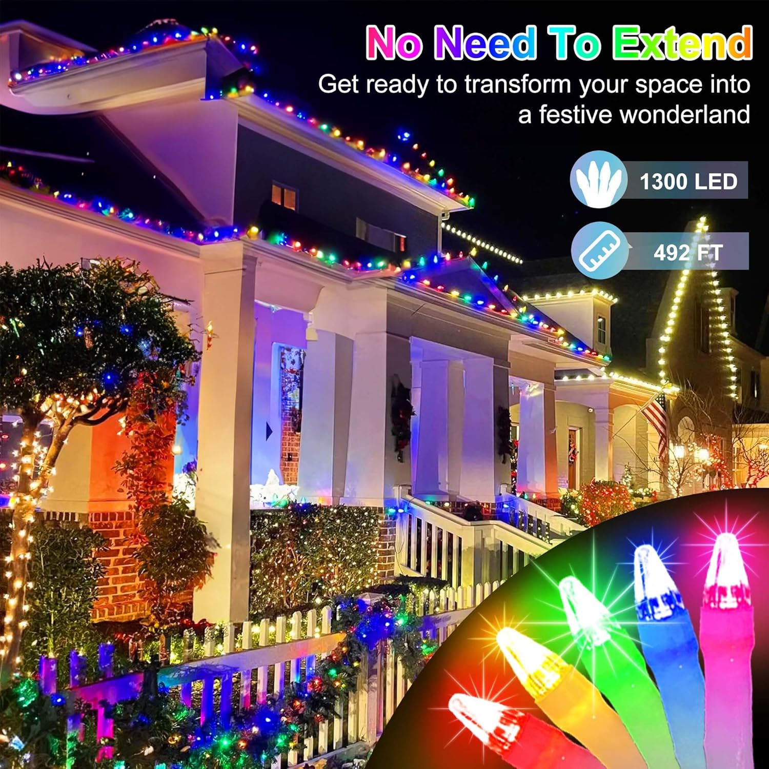 1300 luces LED de Navidad de 492 pies para exteriores, 8 modos de iluminación, cadena de luces de hadas, luces impermeables para árbol de Navidad