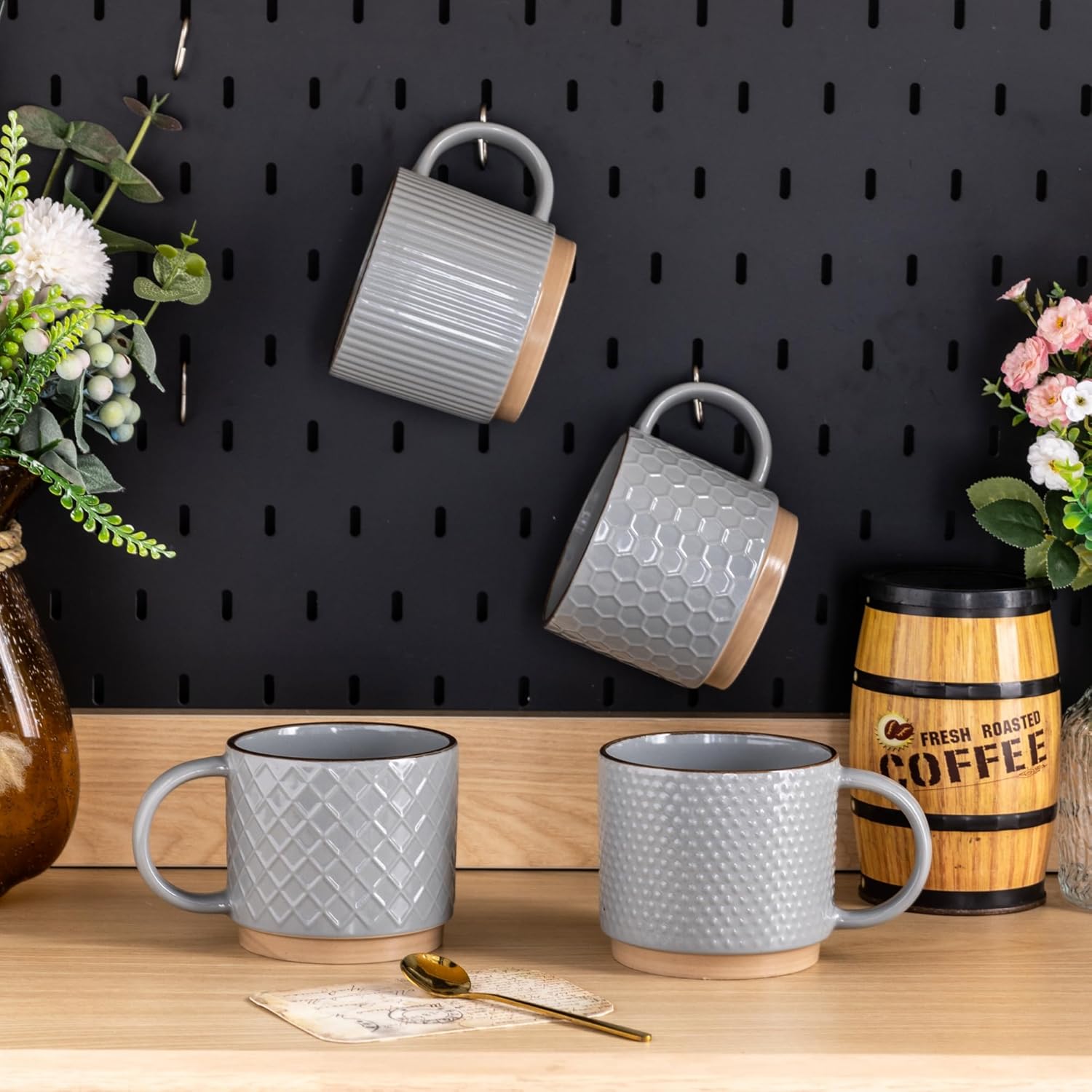 GBHOME Tazas de café apilables de 12 onzas, tazas de café de cerámica con patrones de textura para hombre, mujer, papá, mamá, juego de 4 tazas de