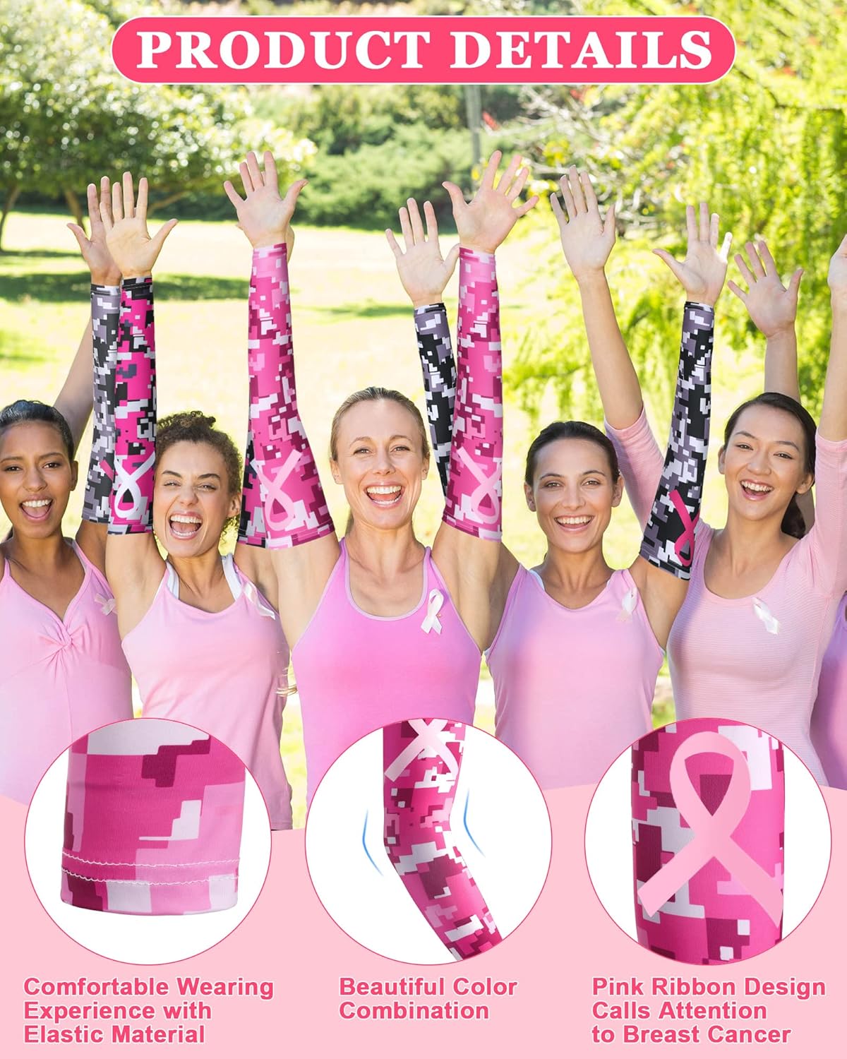 8 pares de mangas de concientización sobre el cáncer de mama, manga de compresión de béisbol rosa, manga de compresión para mujeres y niñas