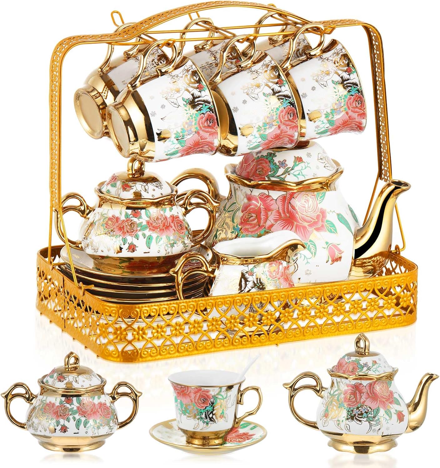 Juego de té de porcelana de Navidad para adultos, 22 piezas, regalo con soporte de metal, juego de té de cerámica europea, juego de té para adultos,