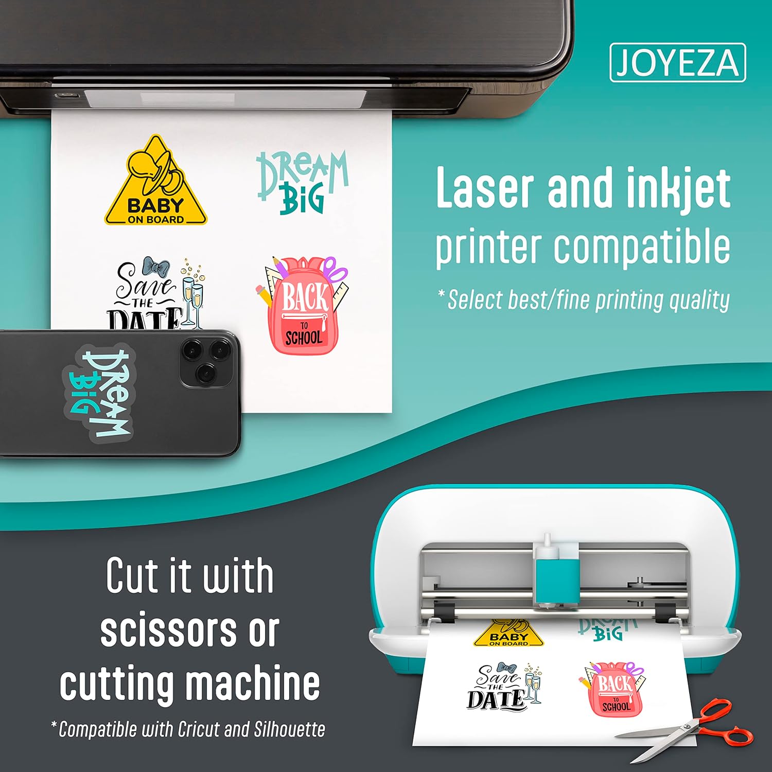 JOYEZA Papel adhesivo de vinilo imprimible de alta calidad para impresora de inyección de tinta, 25 hojas brillantes + 25 hojas translúcidas, blanco