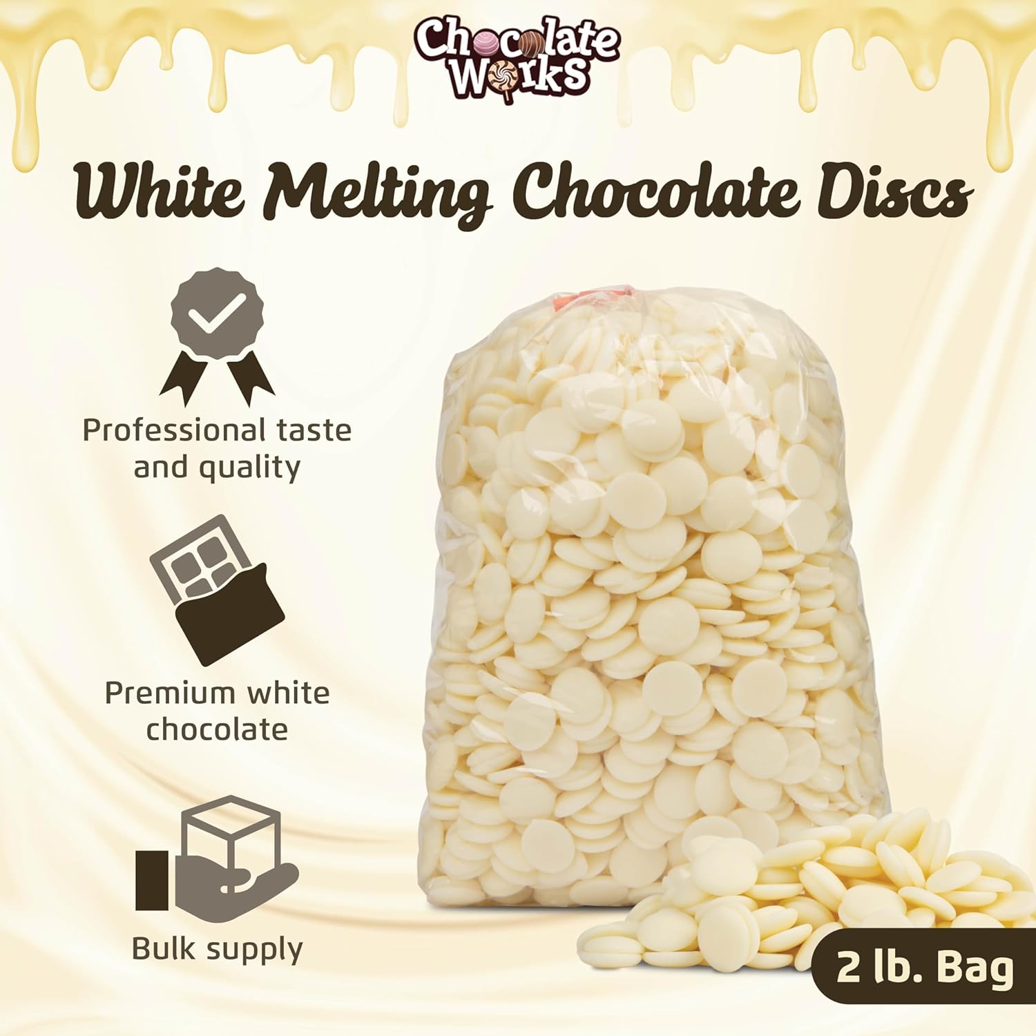 Chocolate Works – Obleas de chocolate blanco derretido por Chocolate Works, discos de caramelo derretidos para recubrir, sumergir, moldear y