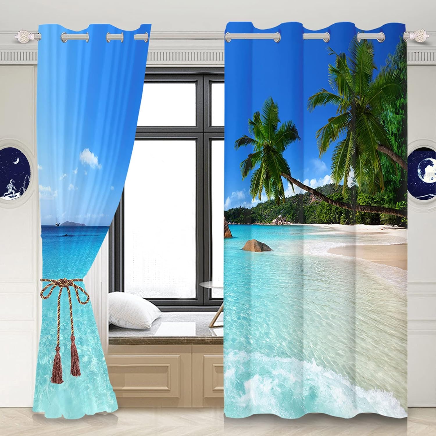 Renaiss Cortinas de ventana junto al mar, playa soleada, olas del océano, tratamiento de palmera de coco, cortinas opacas para hombre y mujer,