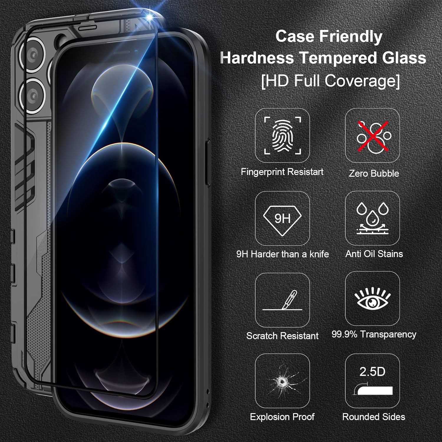 Funda compatible con iPhone 12 Pro, con protector de pantalla de vidrio templado, resistente a los golpes, funda de armadura resistente con soporte