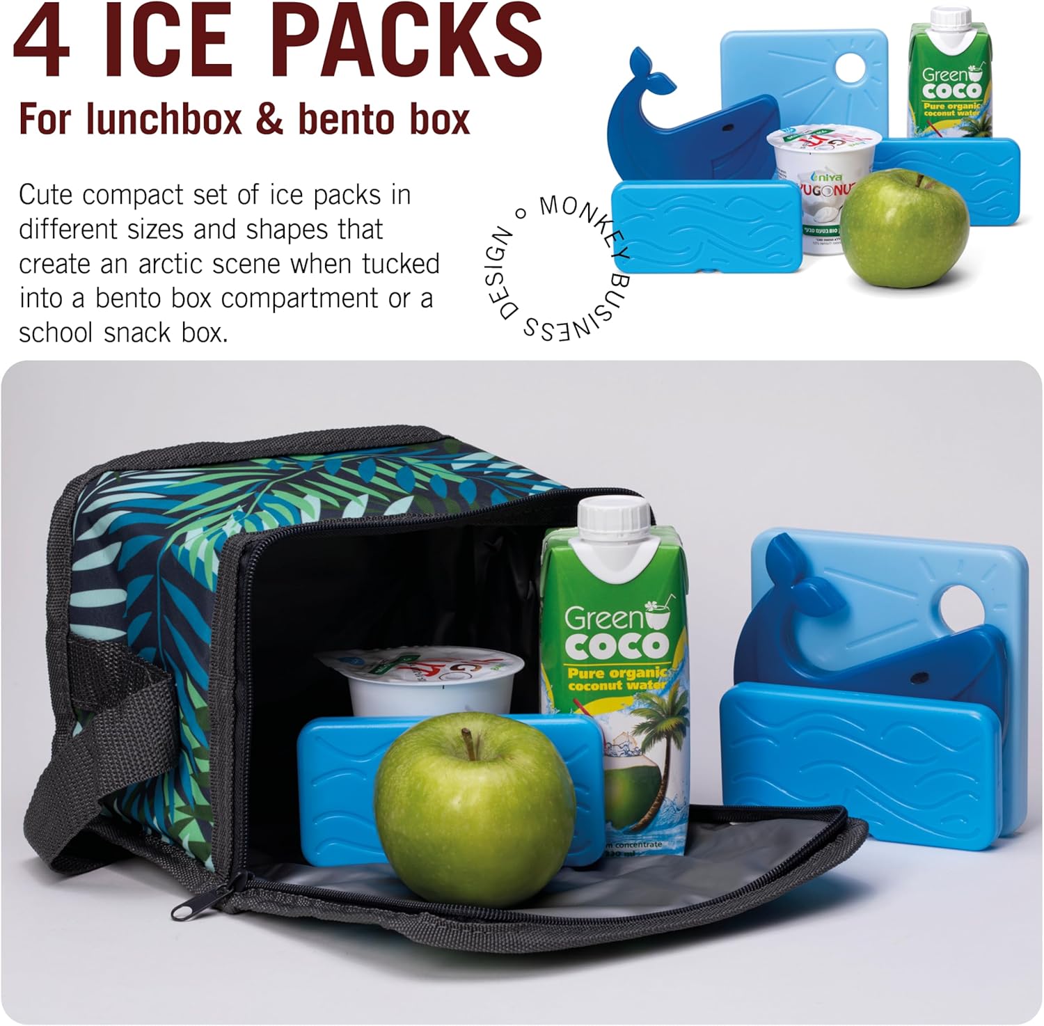 Monkey Business Back To Cool – Juego de bolsas de hielo, 4 bolsas de hielo reutilizables para loncheras y bolsas enfriadoras, colorida bolsa de