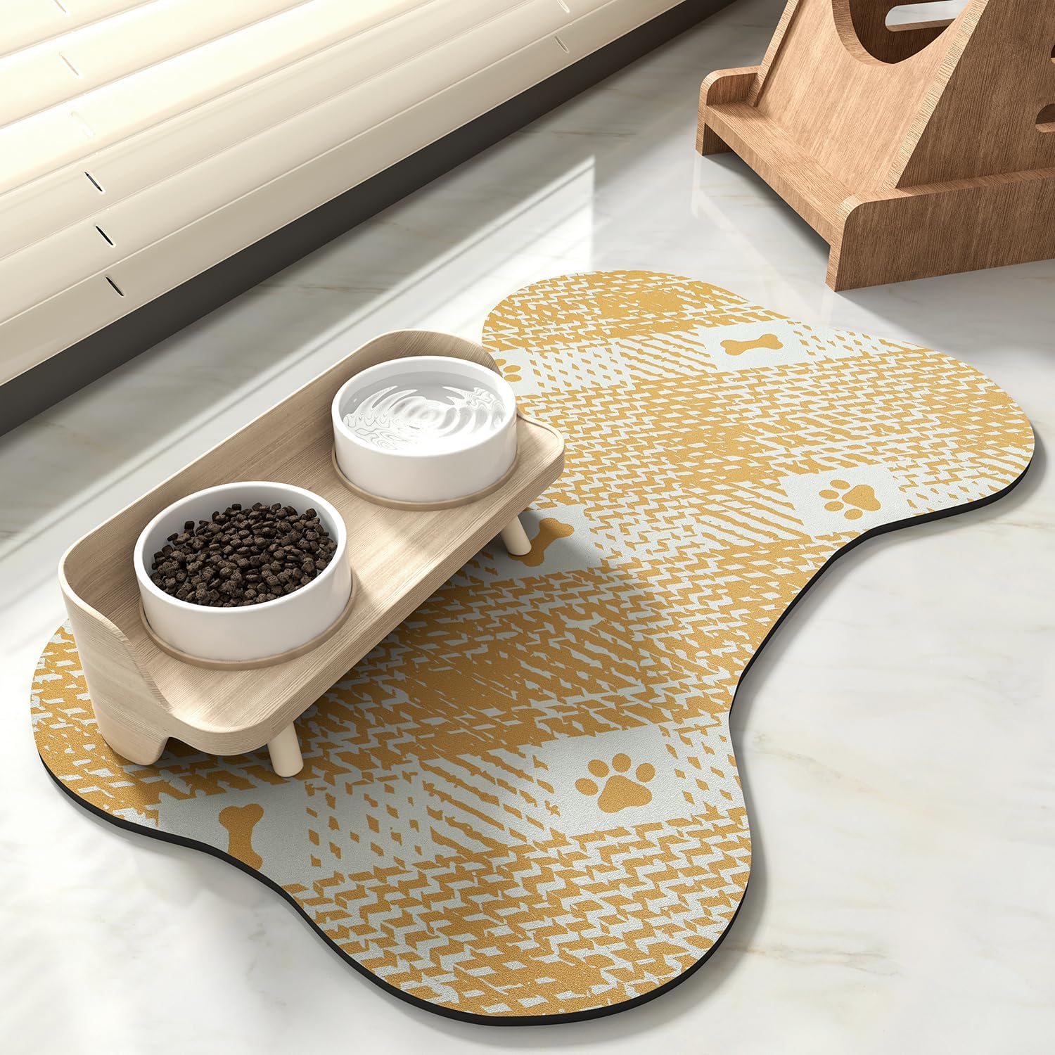 Tapete de comida para perros – Tapete absorbente de comida para mascotas – Tapete para cuenco para perros con forma de hueso, tapete de alimentación