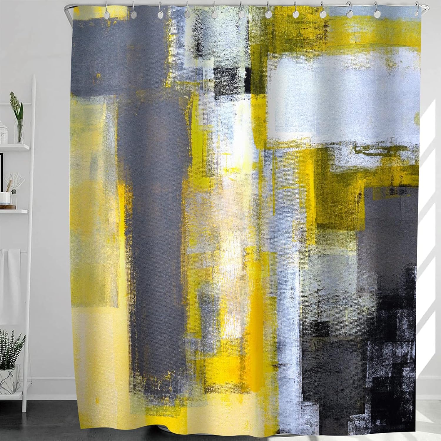 Cortina de ducha amarilla y gris, diseño de pintura de arte abstracto, patrón de marcas de pincel moderno, decoración de baño, juego de cortina de