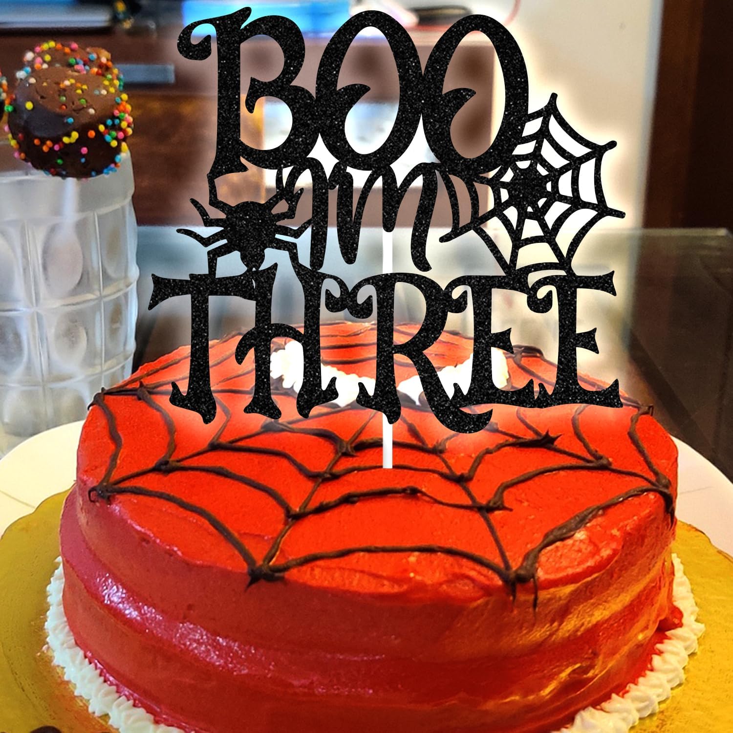 Decoración negra con purpurina I’m Three Cake Top, feliz 3er cumpleañosBaby Boo, decoración de fiesta de baby shower con temática de Halloween para
