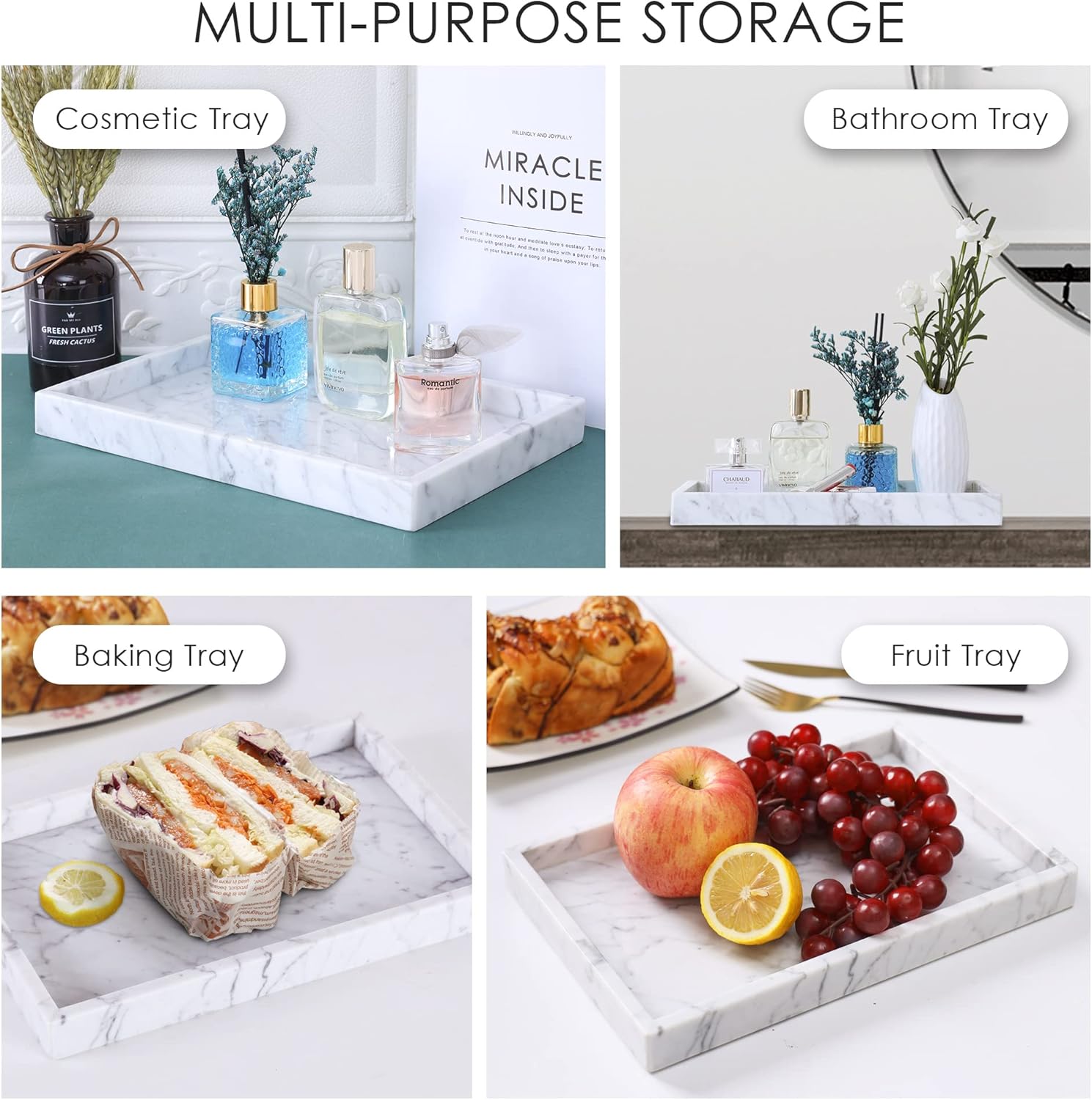 JESSILIN HOME Bandeja de mármol natural italiano, bandeja de tocador, bandeja de servir, bandeja decorativa para cocina, baño, blanco Carrara 12 x 7