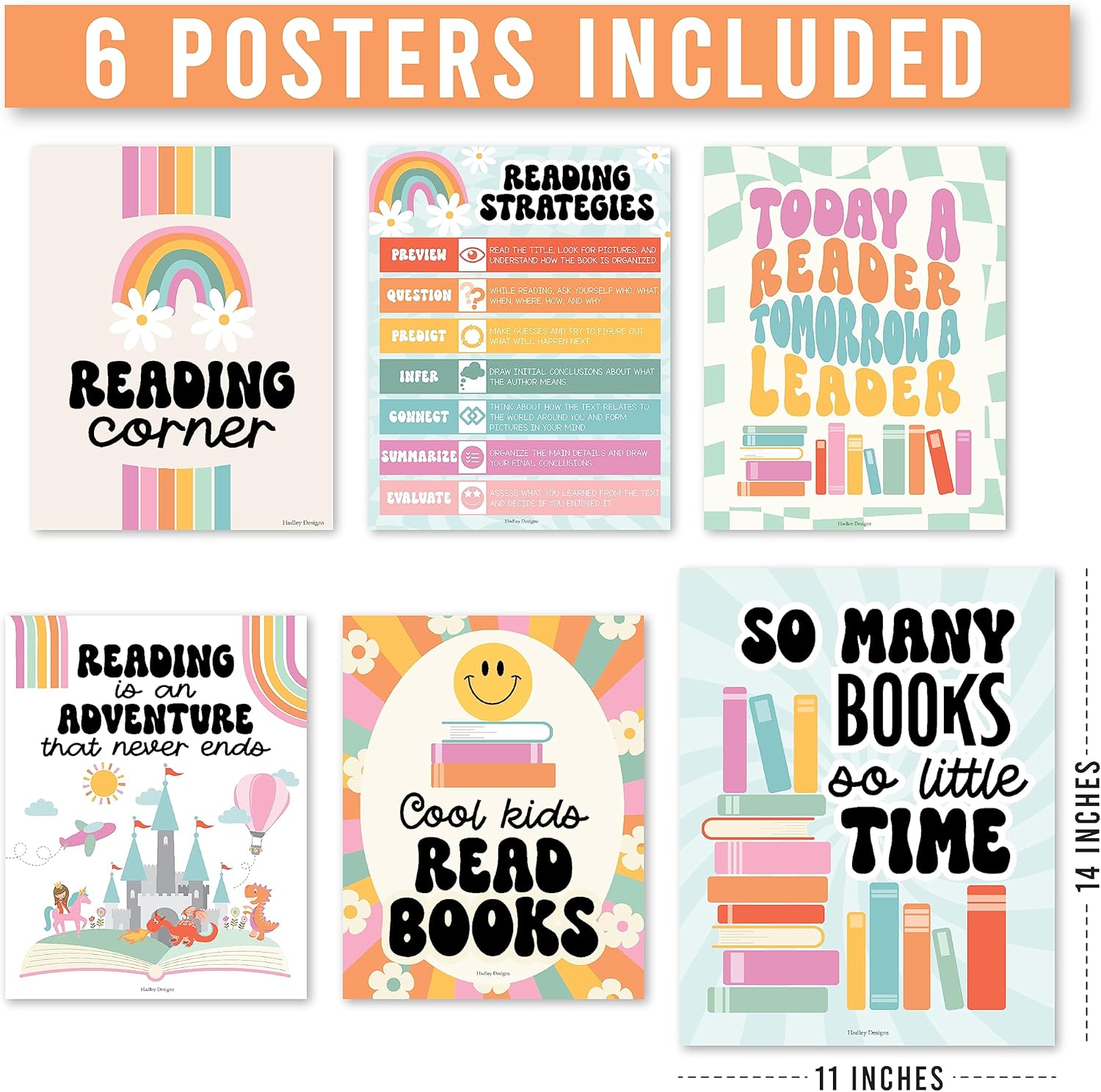 Hadley Designs 6 carteles de lectura retro para decoración de biblioteca de aula para la escuela, carteles de lectura para escuela primaria, juegos