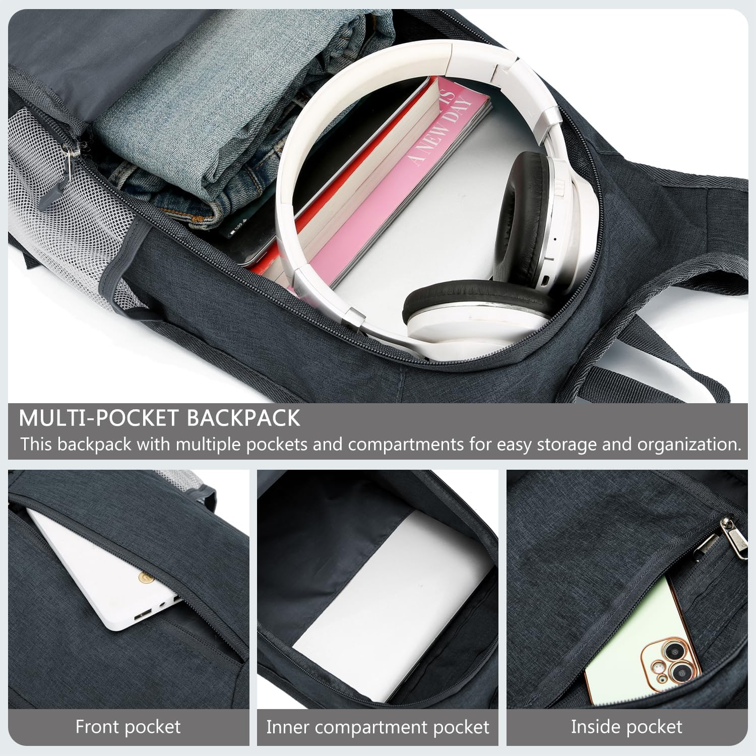 Mochila de senderismo ligera de 15 litros plegable pequeña mochila de viaje mochila de camping plegable para mujeres y hombres, Gris-oscuro,
