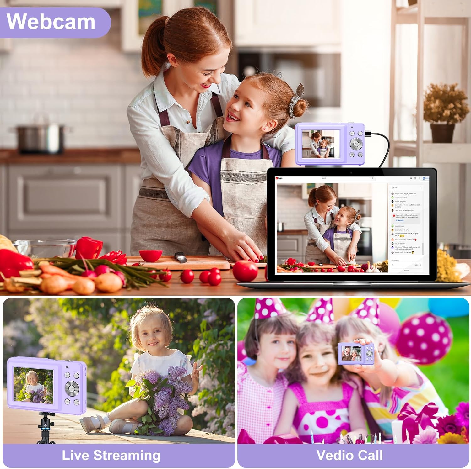 Cámara digital para niños 1080P con cordón (sin tarjeta SD), cámara digital de 44 MP para apuntar y disparar con zoom de 16X, cámara antivibración,