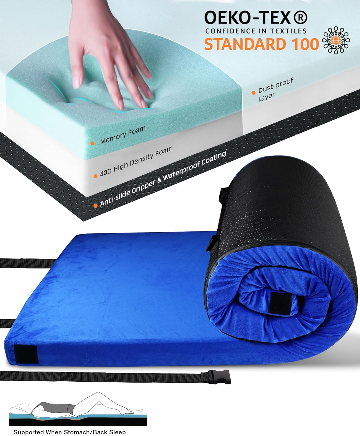 GAIALOOP Colchón de espuma viscoelástica de 3 pulgadas de grosor, colchón de futón matrimonial, tapete portátil para dormir, cama de invitados,