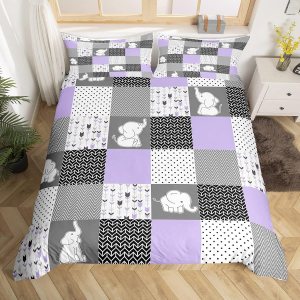 Bonita funda de edredón de elefante, juego de ropa de cama con diseño de rayas geométricas para niños, color morado, gris, blanco, para decoración Bonita funda de edredón de elefante, juego de ropa de cama con diseño de rayas geométricas para niños, color morado, gris, blanco, para decoración