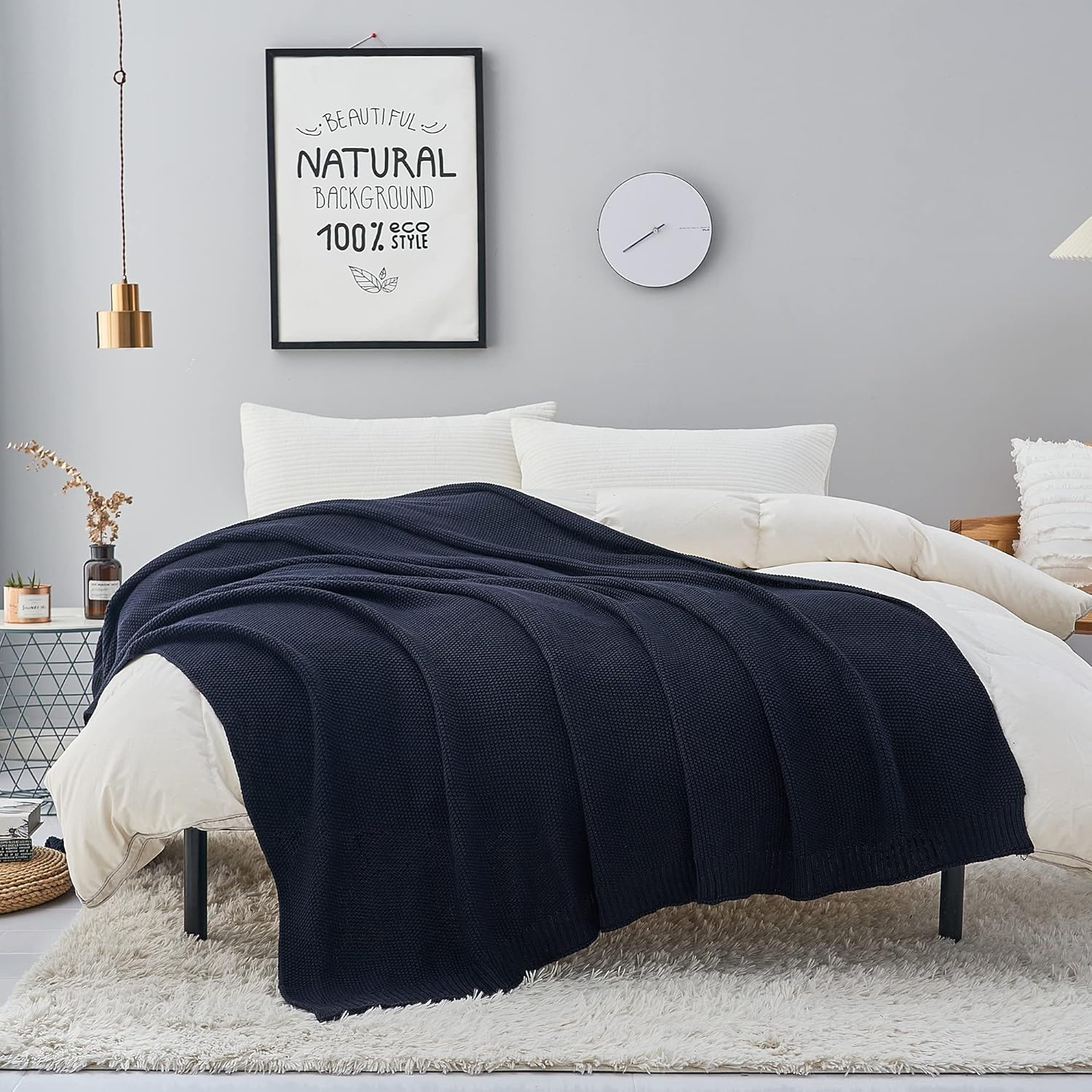 Longhui bedding Manta de punto trenzado de algodón azul marino oscuro para sofá, cama, manta ligera decorativa para el hogar, bolsa de lavado