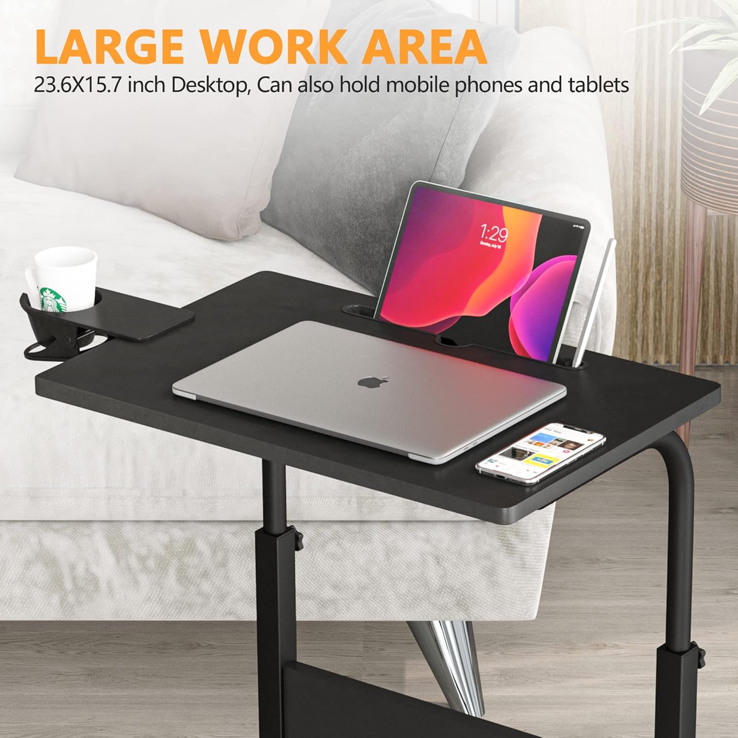 Klvied Escritorio de pie de altura ajustable, escritorio de pie con soporte para tazas, escritorio portátil para laptop, móvil, escritorio para