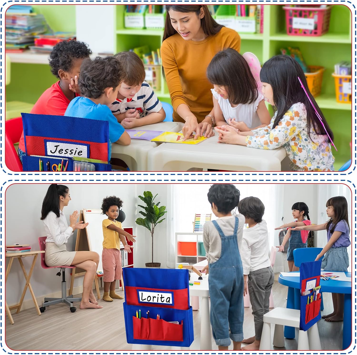 Panelee 20 bolsillos para sillas para aulas, organizador de respaldo de asiento con ranura para nombre y bolsas de almacenamiento, bolsa para silla