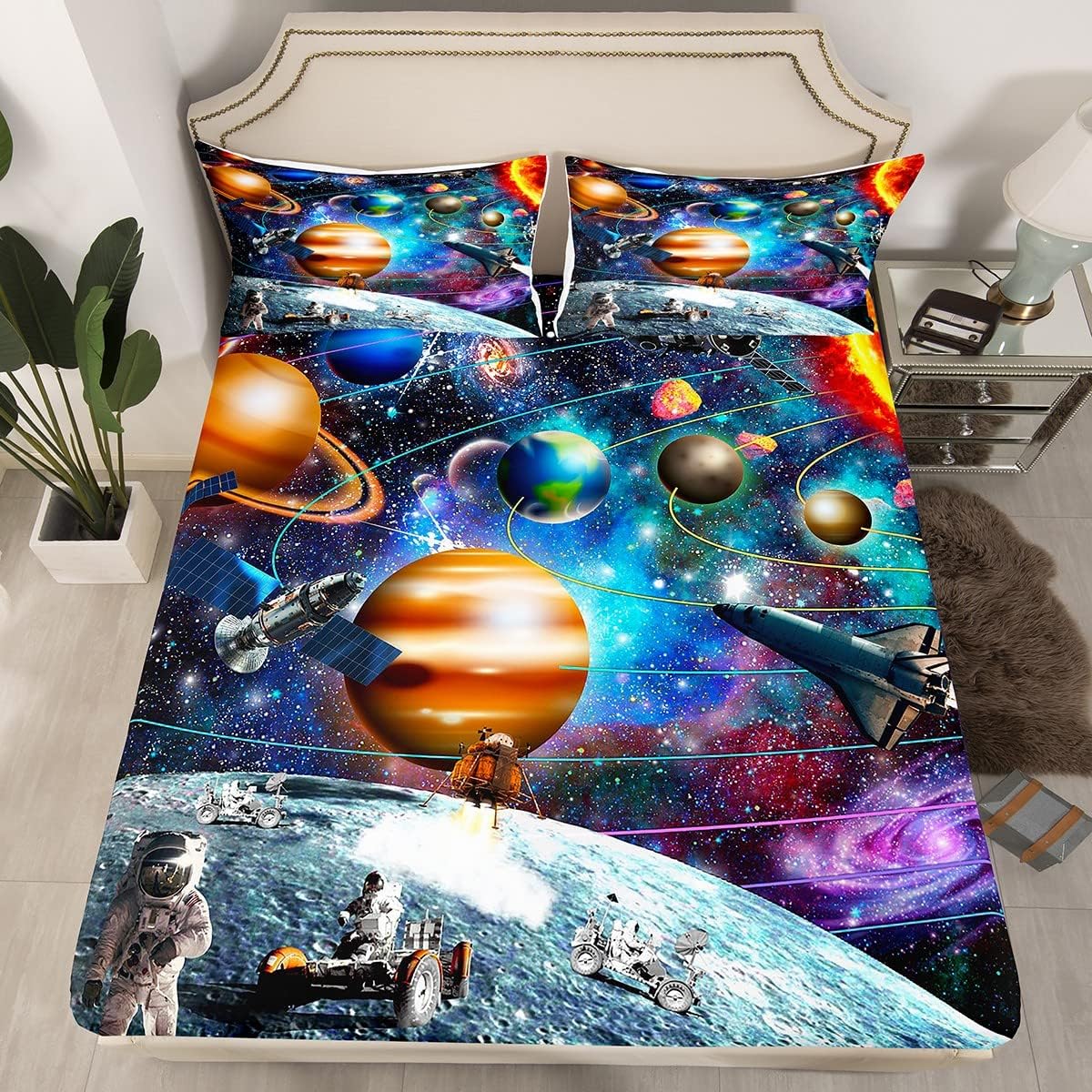 Juego de sábanas bajeras de planeta Tierra con sistema solar para niños, tamaño matrimonial, juego de sábanas de universo, astronauta del zodiaco,