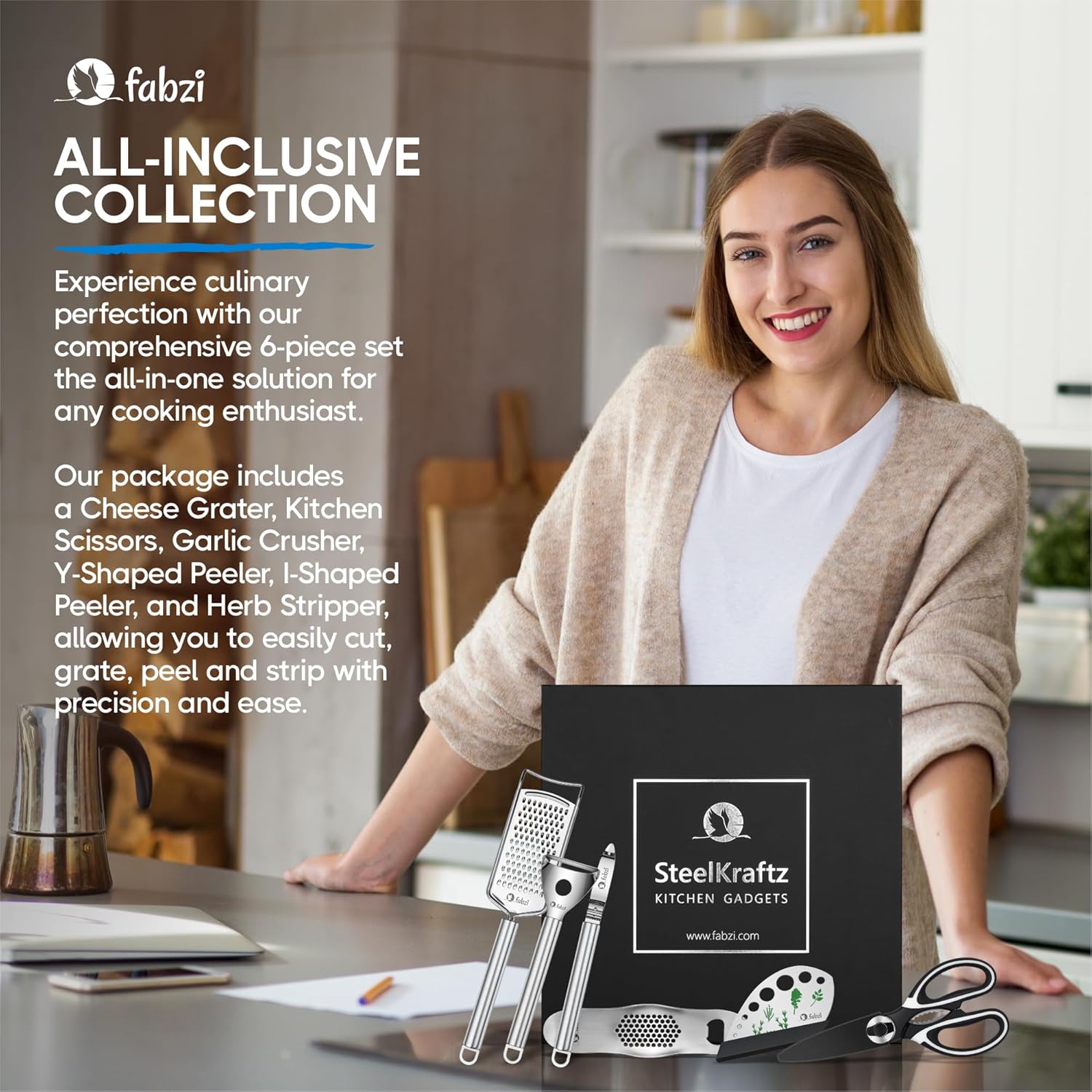Kit de utensilios de cocina de acero inoxidable 6 en 1, pelador en forma de Y, pelador en forma de I, rallador de queso, tijeras de cocina,