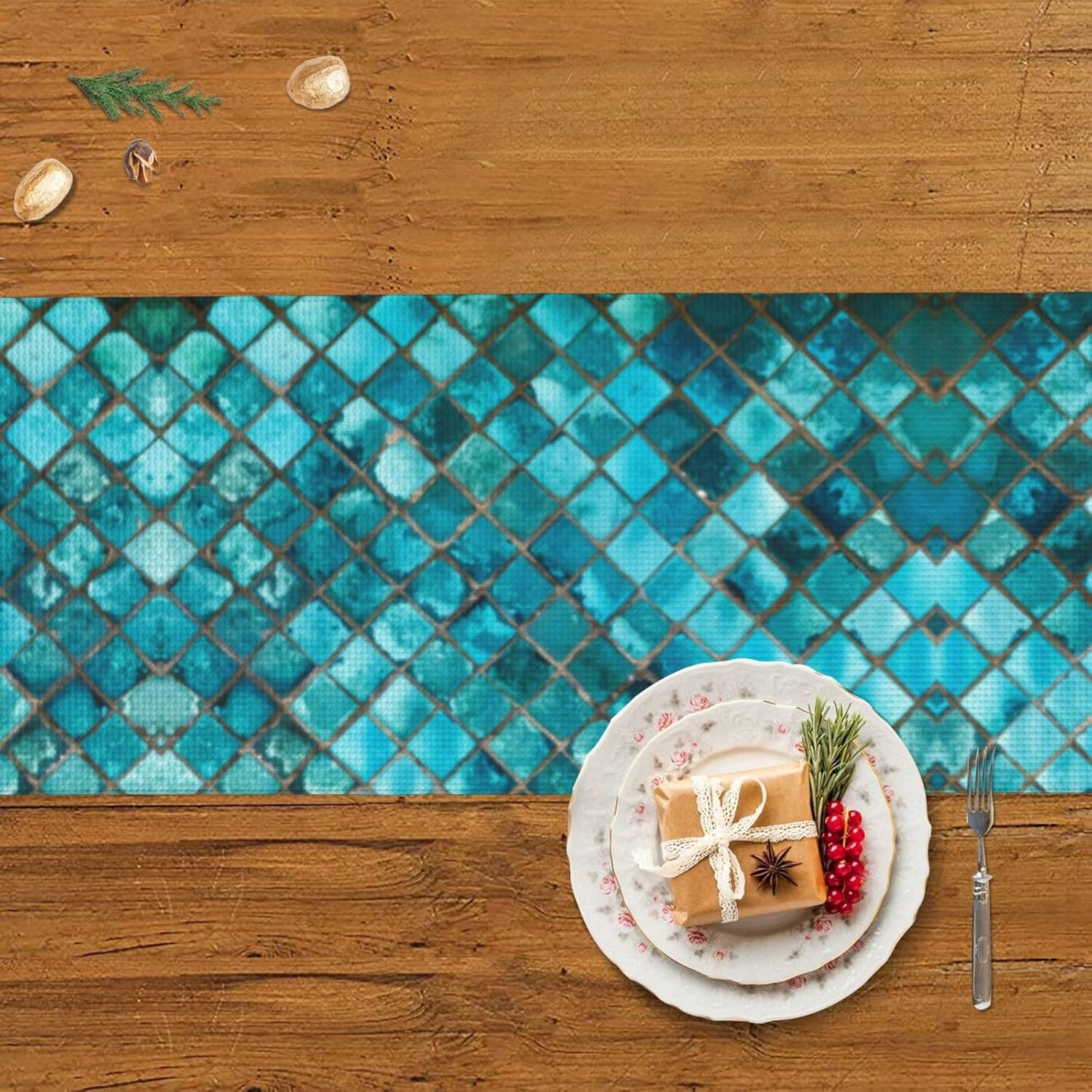 Camino de mesa de Navidad con mosaico turquesa, decoración de mesa de comedor, decoración de Navidad, decoración de interiores del hogar, caminos de