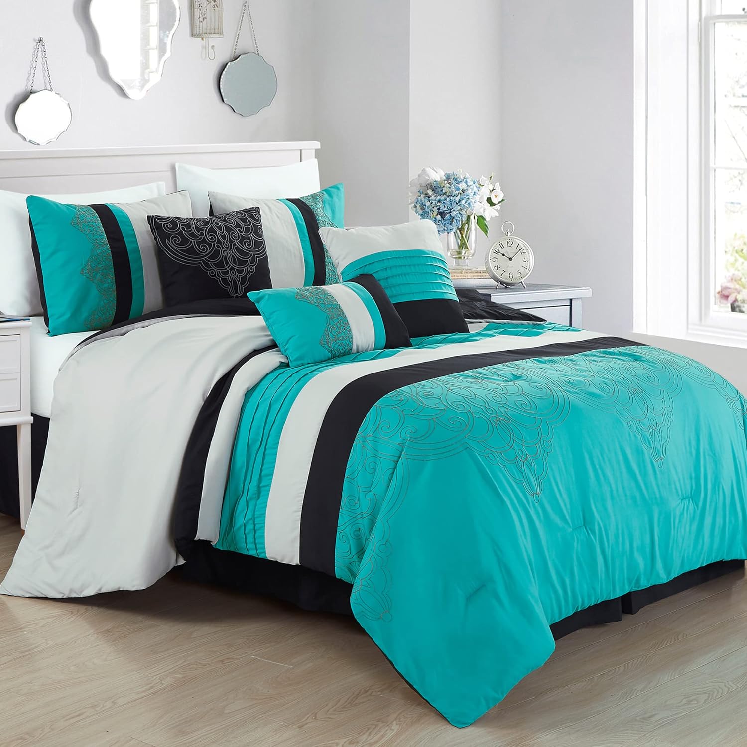 Chezmoi Collection Chloe – Juego de edredón de 7 piezas, diseño geométrico de medallón, plisado, a rayas, color verde azulado, gris, negro, tamaño