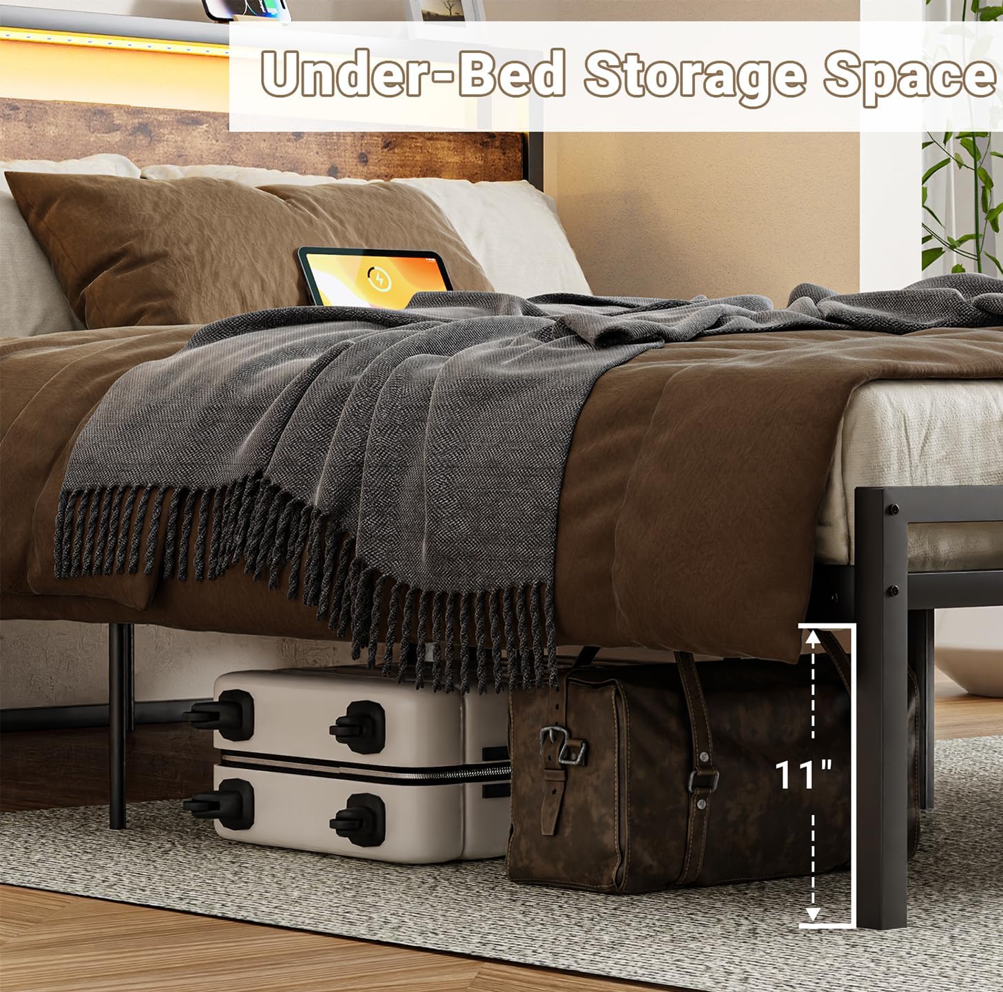 Zevemomo Base de cama LED Queen con 2 cajones, marco de cama de plataforma Queen con luces LED y estación de carga, 3 puertos USB y 1 puerto tipo C,