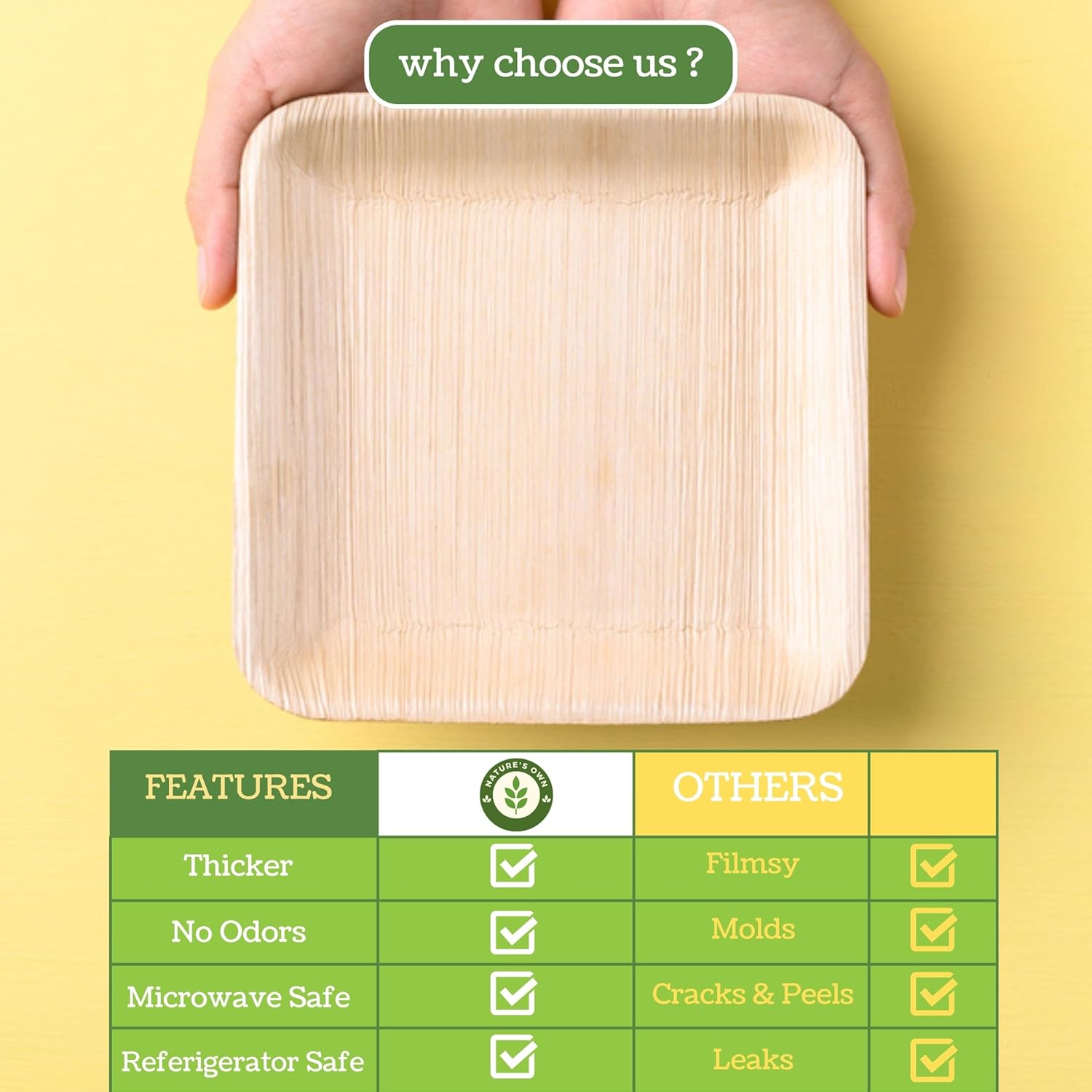 Nature’s Own Paquete de platos de hoja de palmera, 50 unidades (combo de 10 y 8 pulgadas)  Plato cuadrado desechable  Vajilla compostable, ecológica