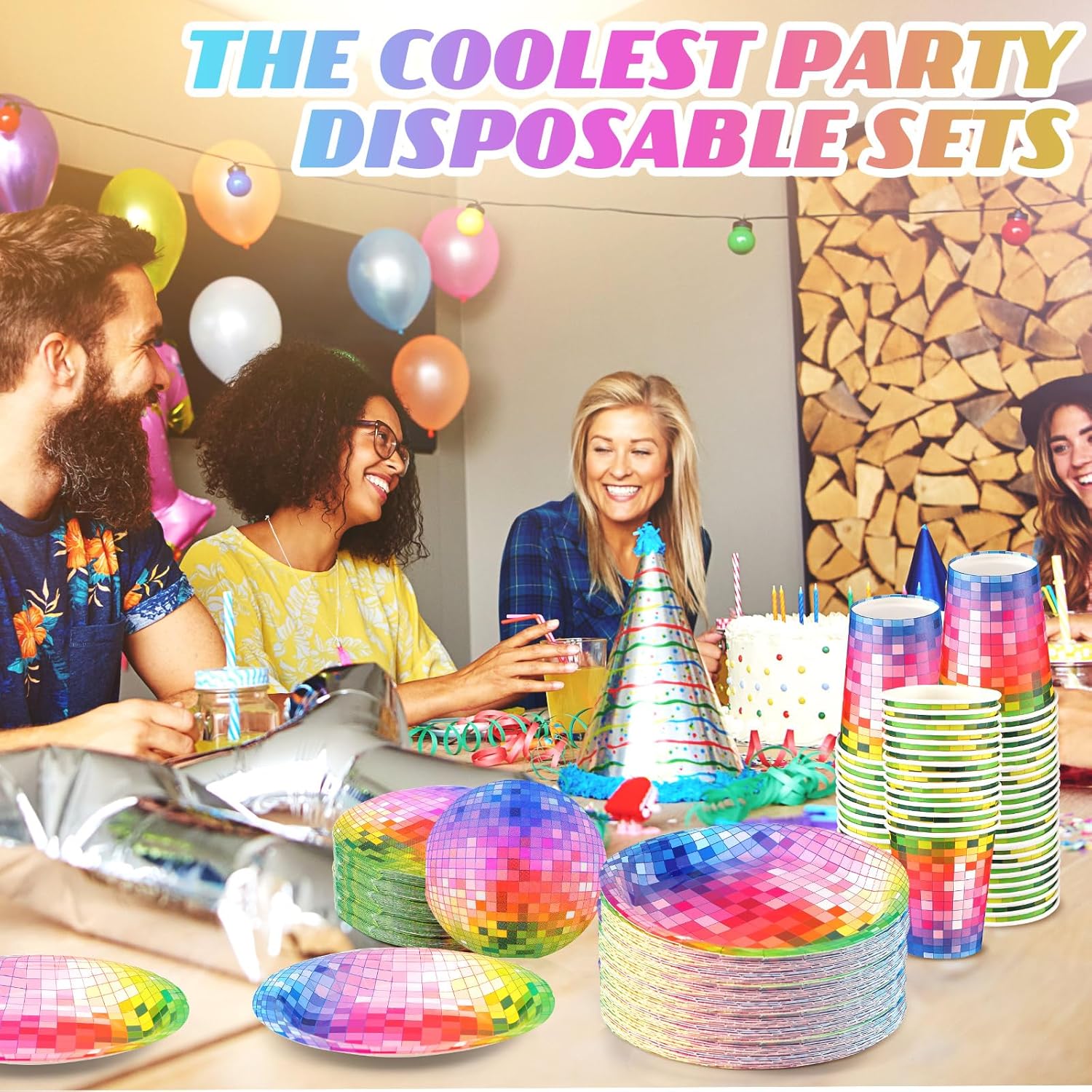 Suministros de fiesta de discoteca de los años 70 incluye 50 platos de papel de bola de disco plateados, 50 vasos de papel de discoteca, 50