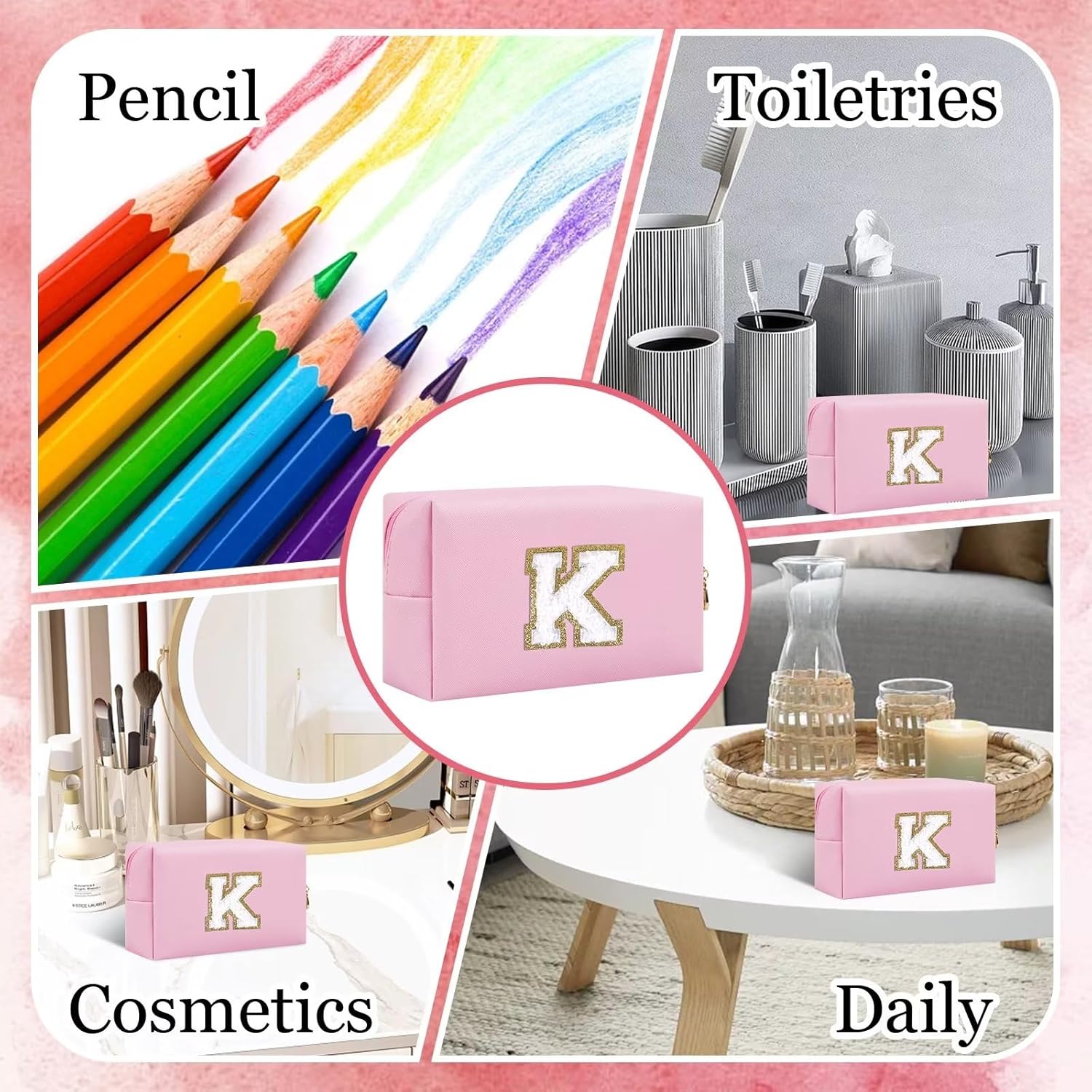 HENGNI Pequeña bolsa de maquillaje personalizada, bonita bolsa de maquillaje de piel sintética con letras de chenilla, bolsa de cosméticos de viaje,